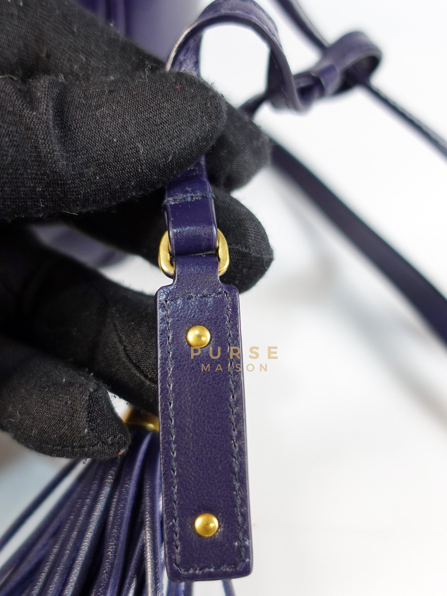 Lou Camera Bag in Navy Blue Calfskin Leather & Gold Hardware | Purse Maison Luxury Bags Shop