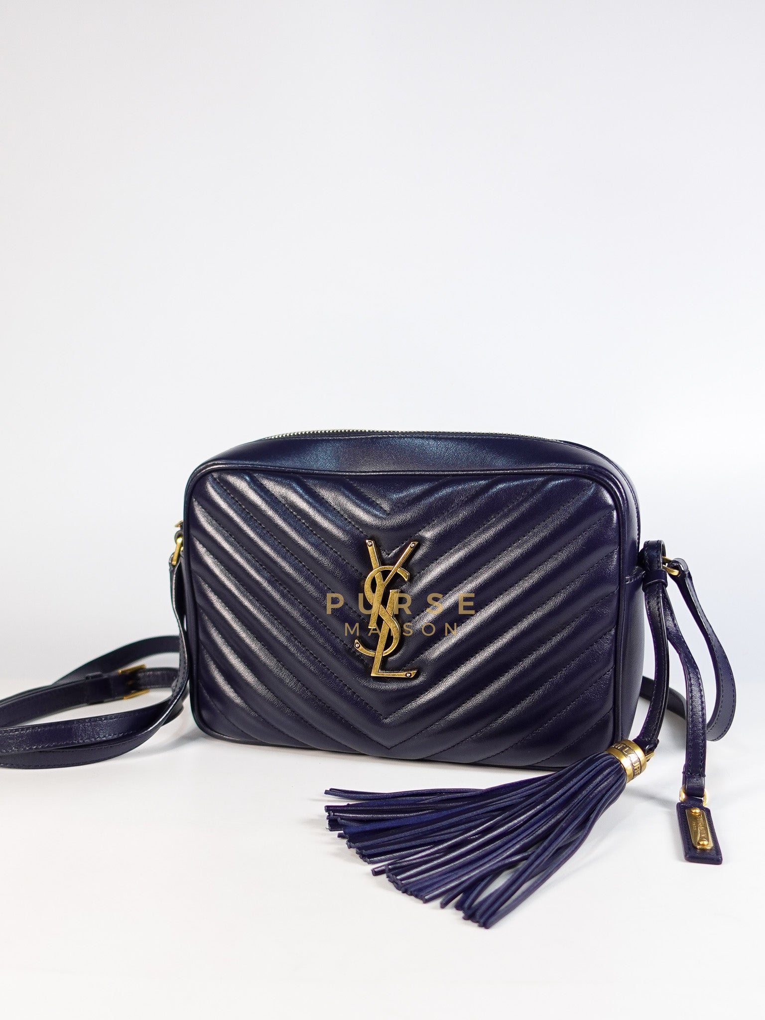 Lou Camera Bag in Navy Blue Calfskin Leather & Gold Hardware | Purse Maison Luxury Bags Shop