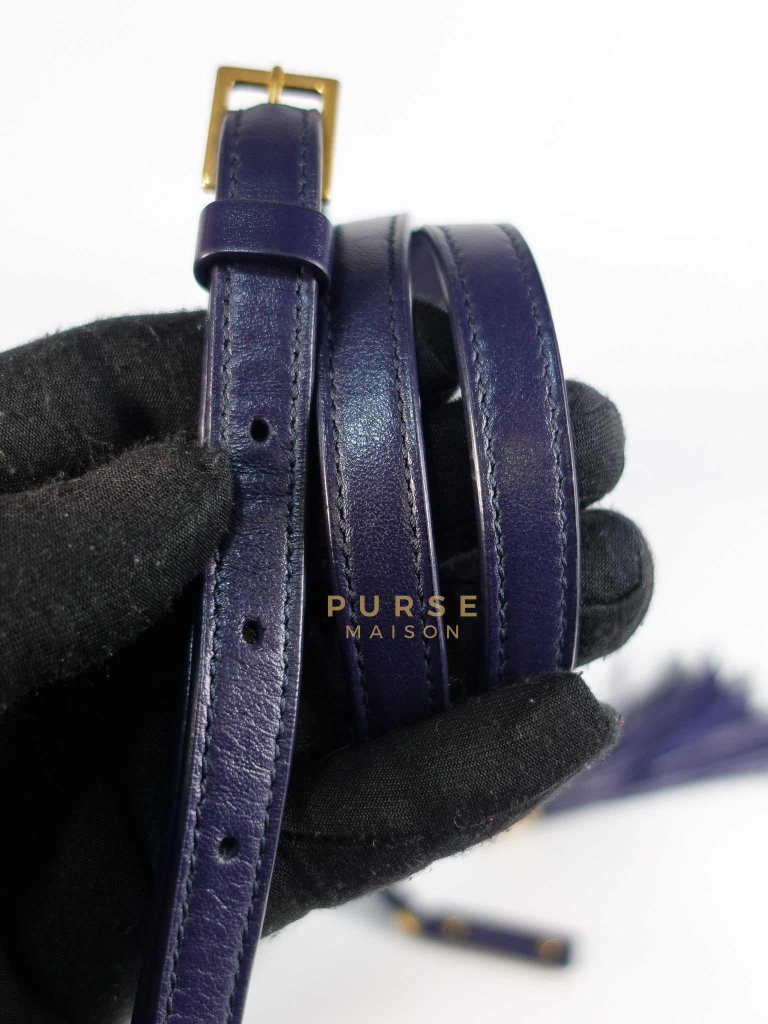 Lou Camera Bag in Navy Blue Calfskin Leather & Gold Hardware | Purse Maison Luxury Bags Shop