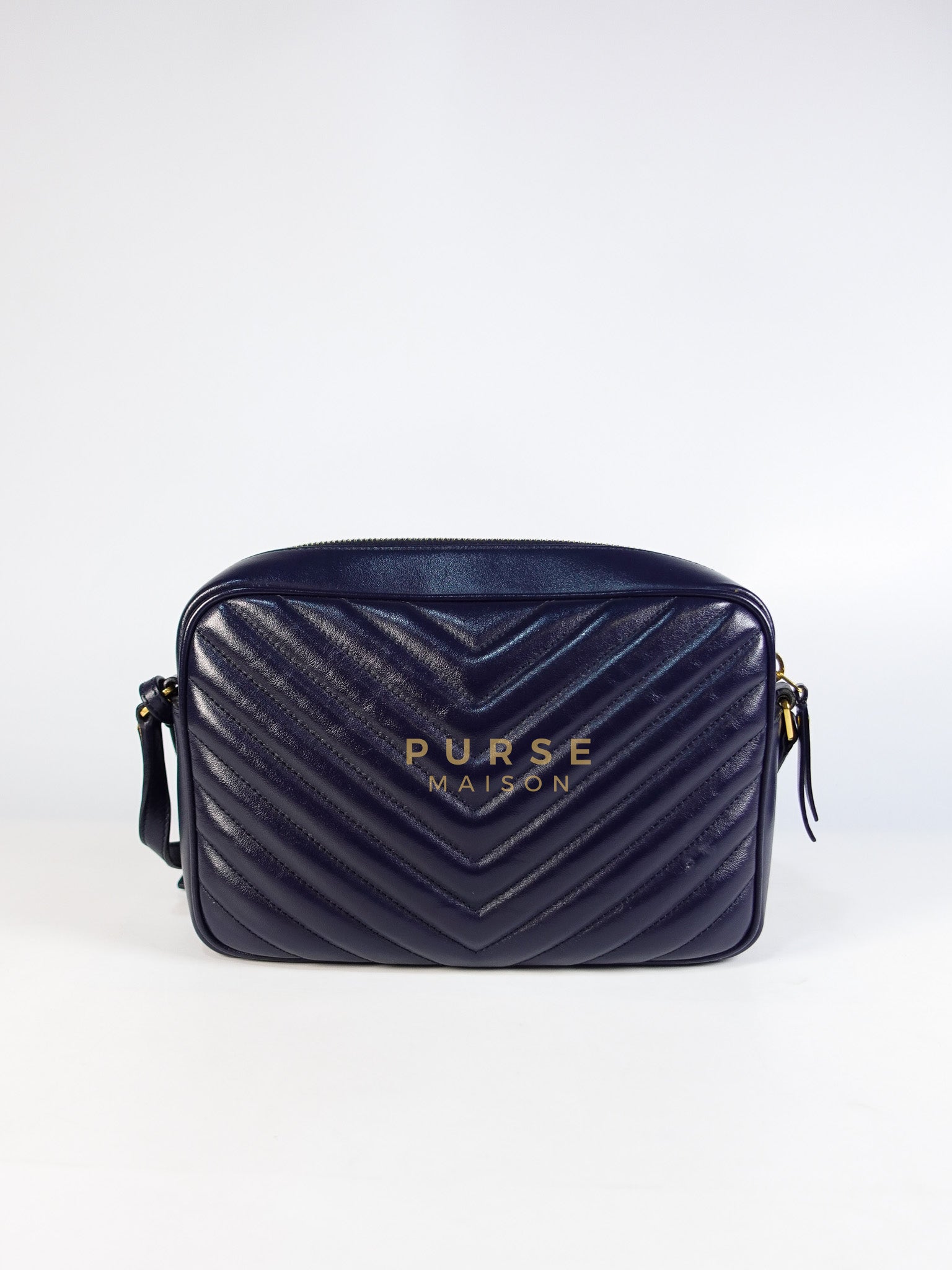 Lou Camera Bag in Navy Blue Calfskin Leather & Gold Hardware | Purse Maison Luxury Bags Shop