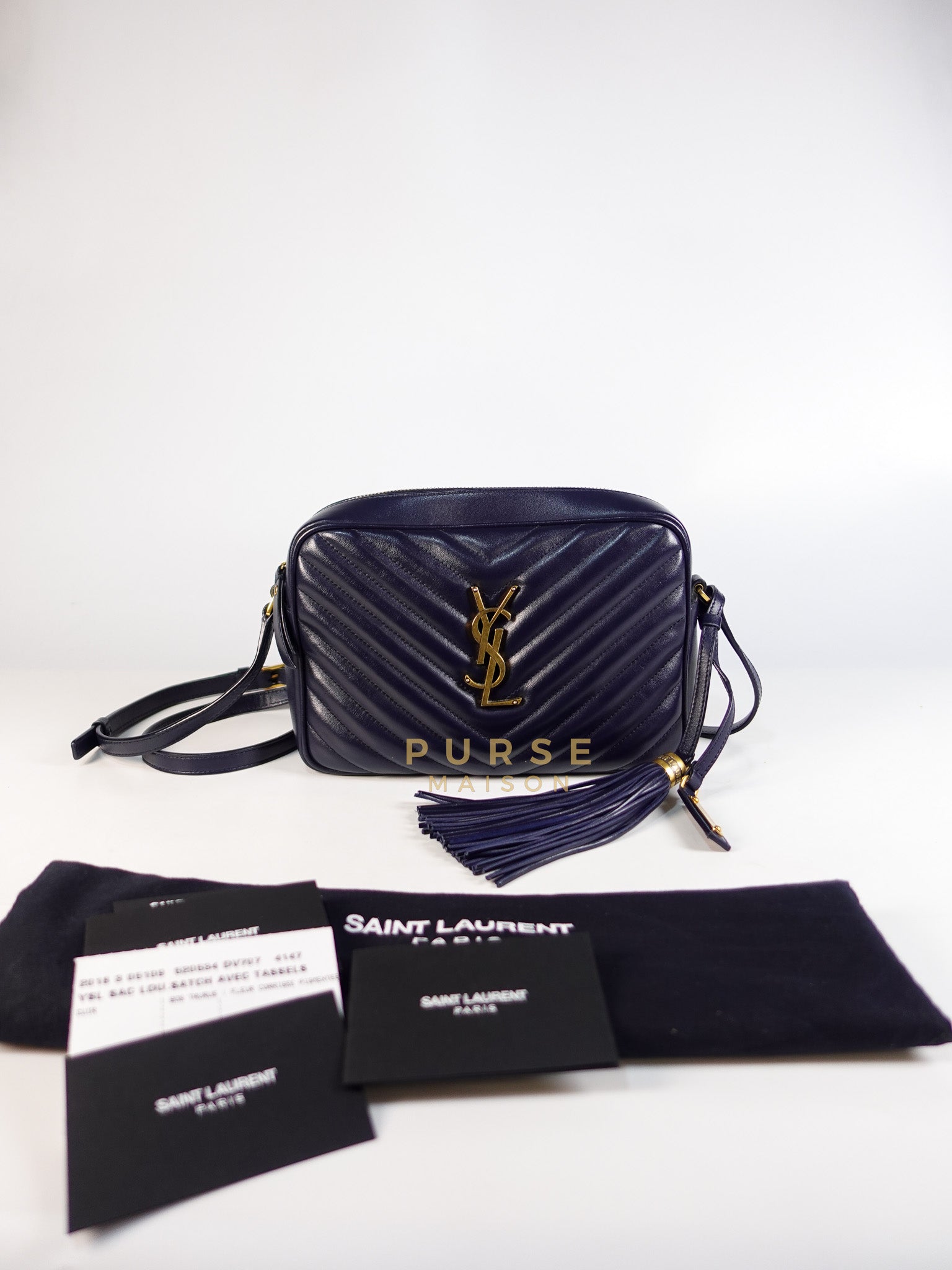 Lou Camera Bag in Navy Blue Calfskin Leather & Gold Hardware | Purse Maison Luxury Bags Shop