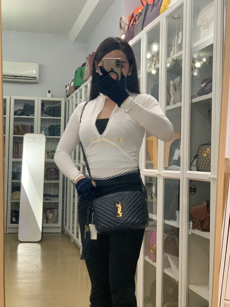 Lou Camera Bag in Navy Blue Calfskin Leather & Gold Hardware | Purse Maison Luxury Bags Shop