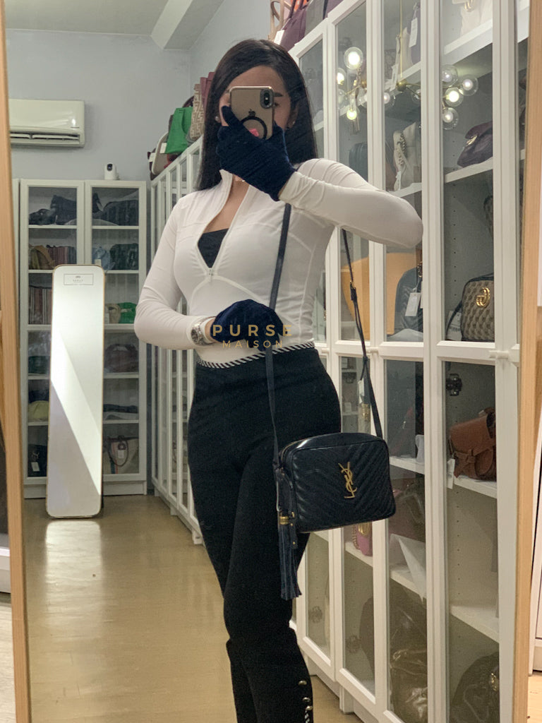 Lou Camera Bag in Navy Blue Calfskin Leather & Gold Hardware | Purse Maison Luxury Bags Shop