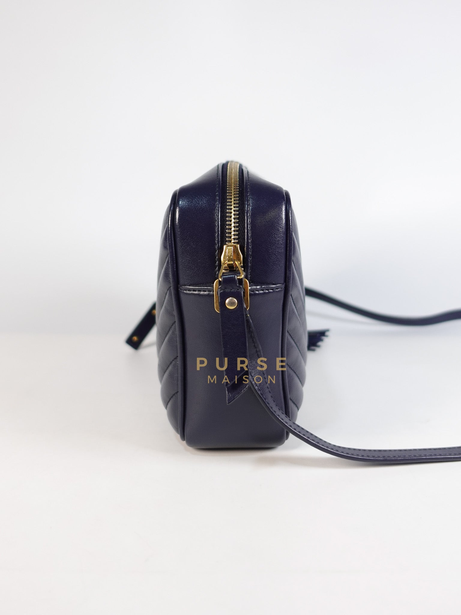 Lou Camera Bag in Navy Blue Calfskin Leather & Gold Hardware | Purse Maison Luxury Bags Shop