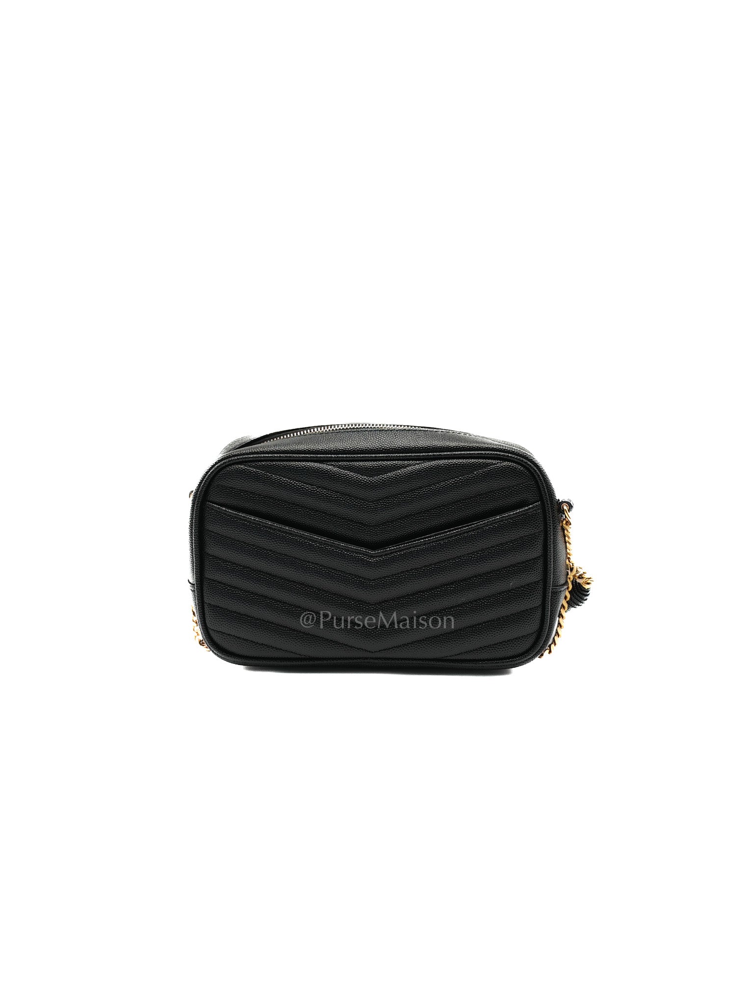 Lou Camera Bag Mini in Black Chevron Quilted Shiny Grained Calfskin Leather and Gold Hardware | Purse Maison Luxury Bags Shop