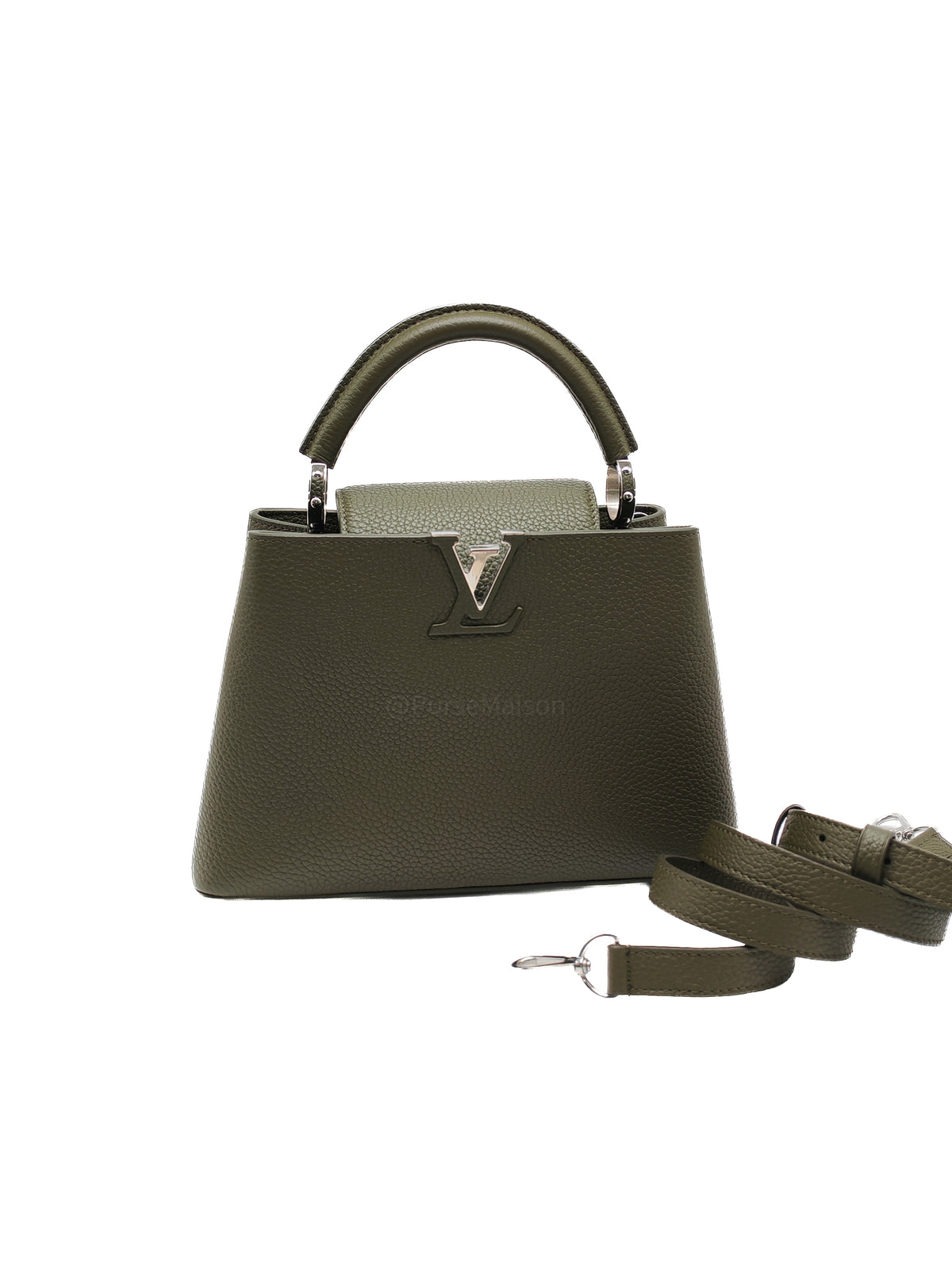 Louis Vuitton Capucines BB in Khaki Green Taurillon Leather and Silver Hardware Microchip | Purse Maison Luxury Bags Shop
