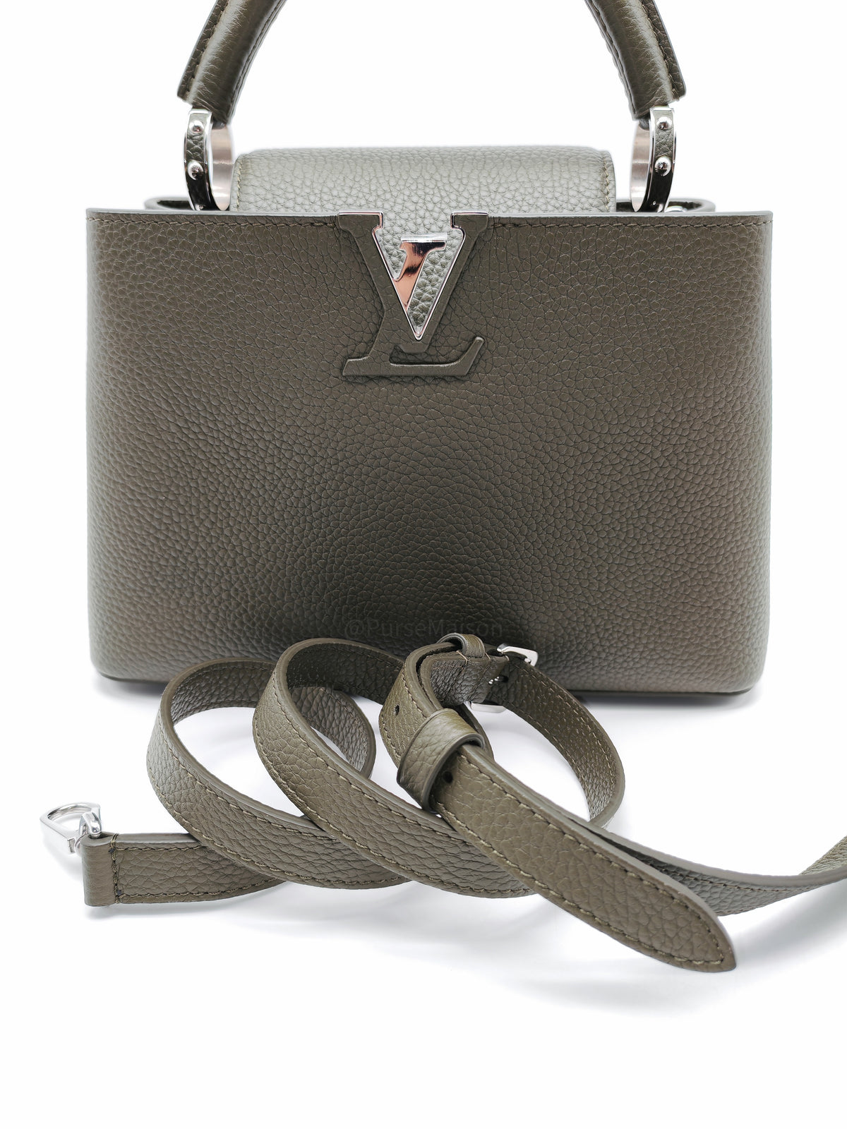 Louis Vuitton Capucines BB in Khaki Green Taurillon Leather and Silver Hardware Microchip | Purse Maison Luxury Bags Shop