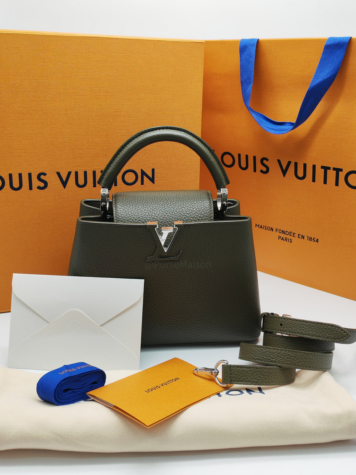 Louis Vuitton Capucines BB in Khaki Green Taurillon Leather and Silver Hardware Microchip | Purse Maison Luxury Bags Shop