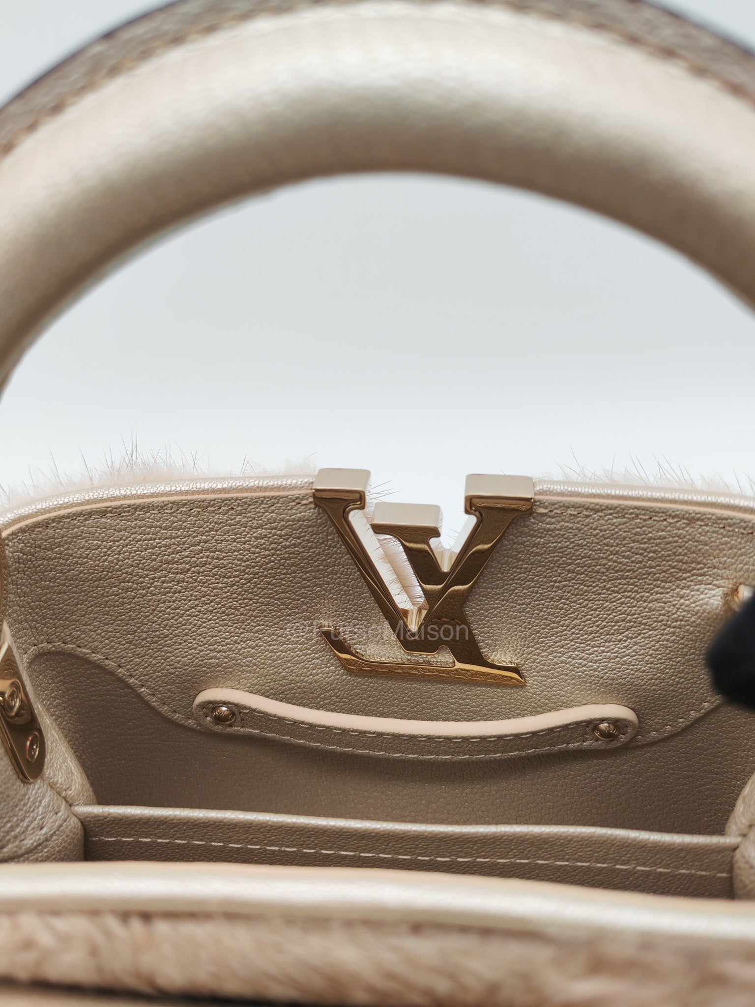 Louis Vuitton Capucines Handbag in Metallic Gold Goatskin Leather & Mink Fur (Microchip) | Purse Maison Luxury Bags Shop