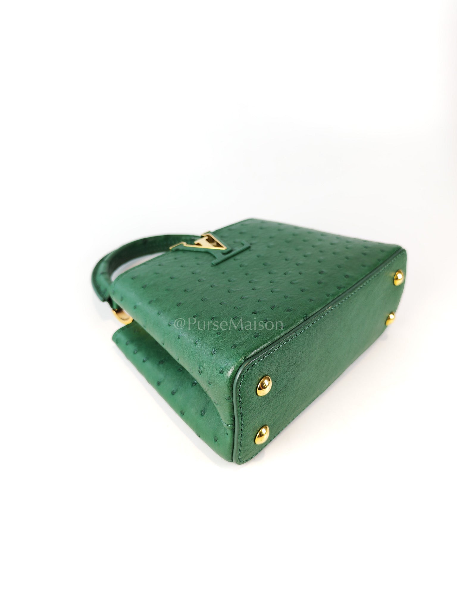 Mini Capuccines in Green Ostrich & Goat Leather Lining (Microchip) | Purse Maison Luxury Bags Shop