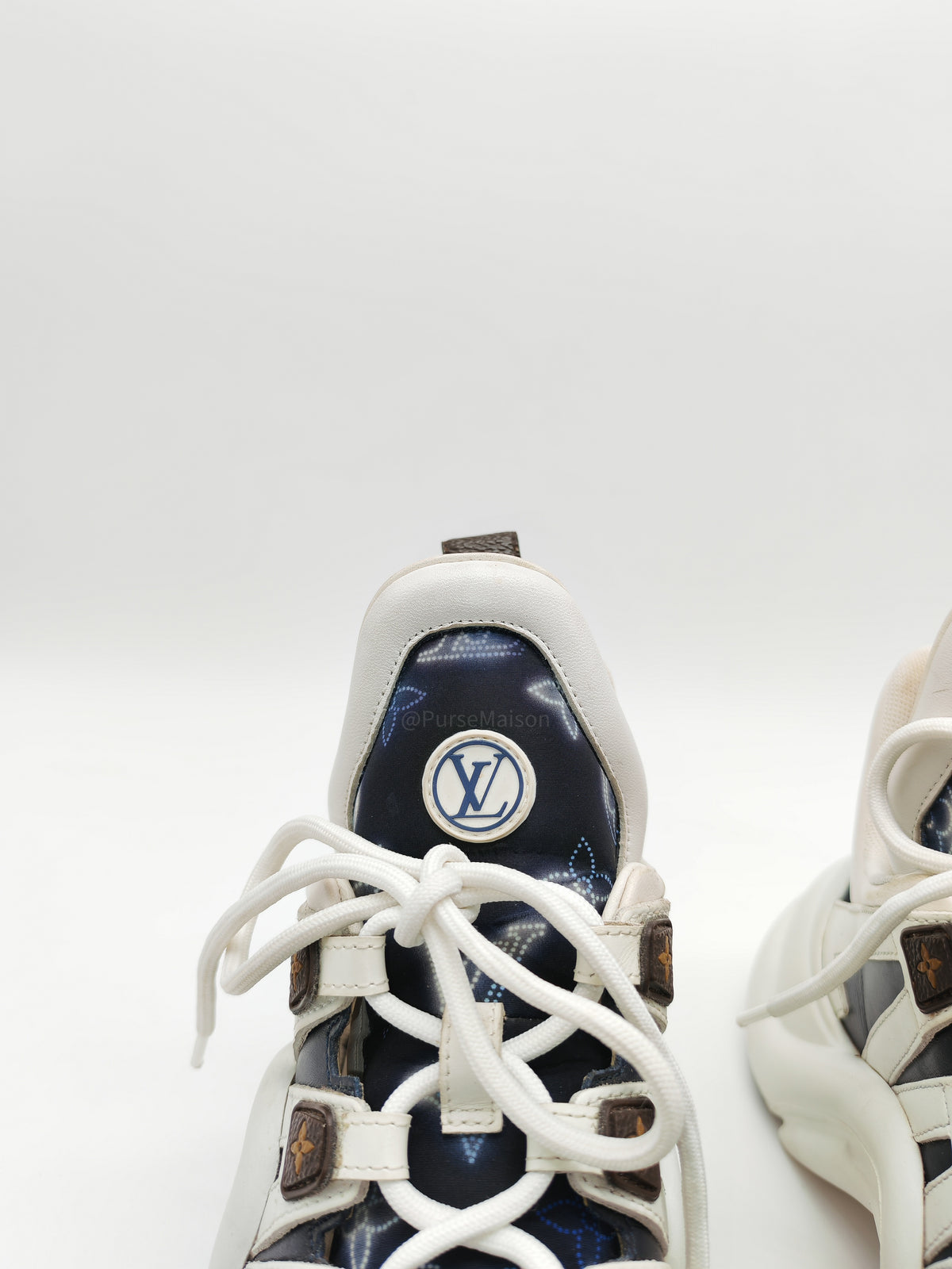 Louis Vuitton Monogram Archlight Sneakers in White and Navy Blue Size 37 EU (24cm) | Purse Maison Luxury Bags Shop