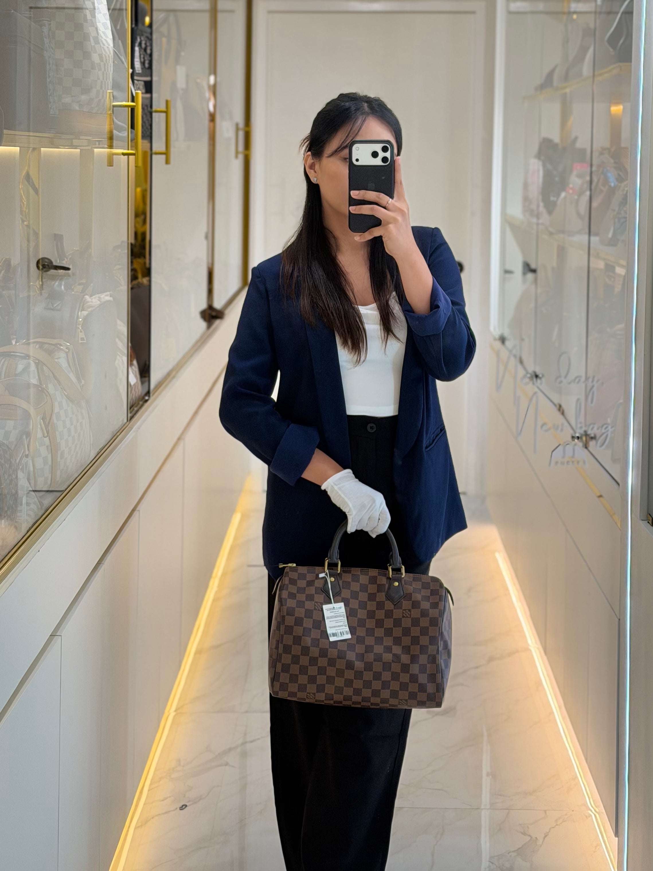 Speedy 30 in Damier Ebene Canvas & Gold Hardware Microchip | Purse Maison Luxury Bags Shop
