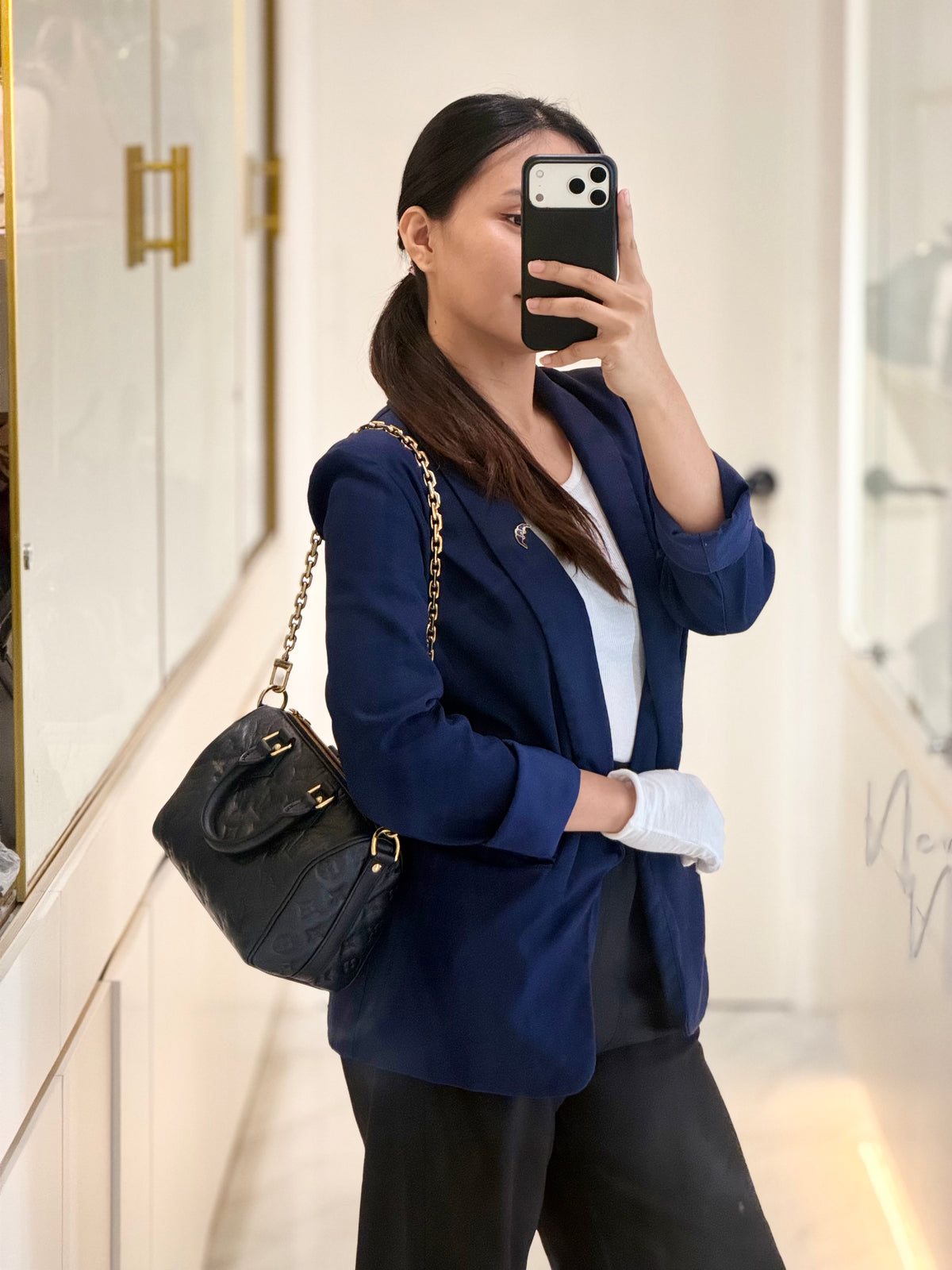 Louis Vuitton Speedy Bandouliere 22 in Black Monogram Empreinte Lambskin Leather and Gold Hardware Microchip | Purse Maison Luxury Bags Shop