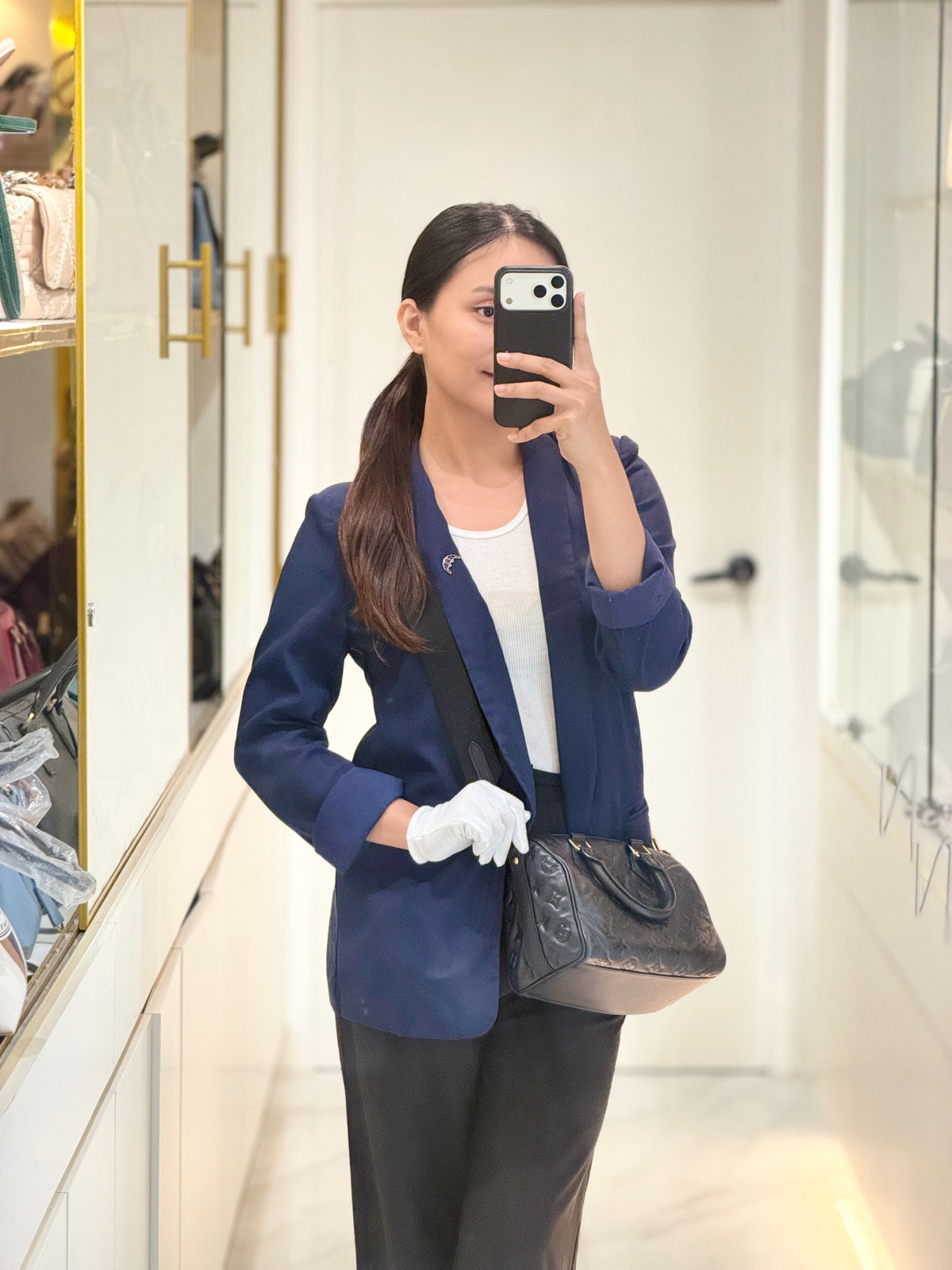 Louis Vuitton Speedy Bandouliere 22 in Black Monogram Empreinte Lambskin Leather and Gold Hardware Microchip | Purse Maison Luxury Bags Shop
