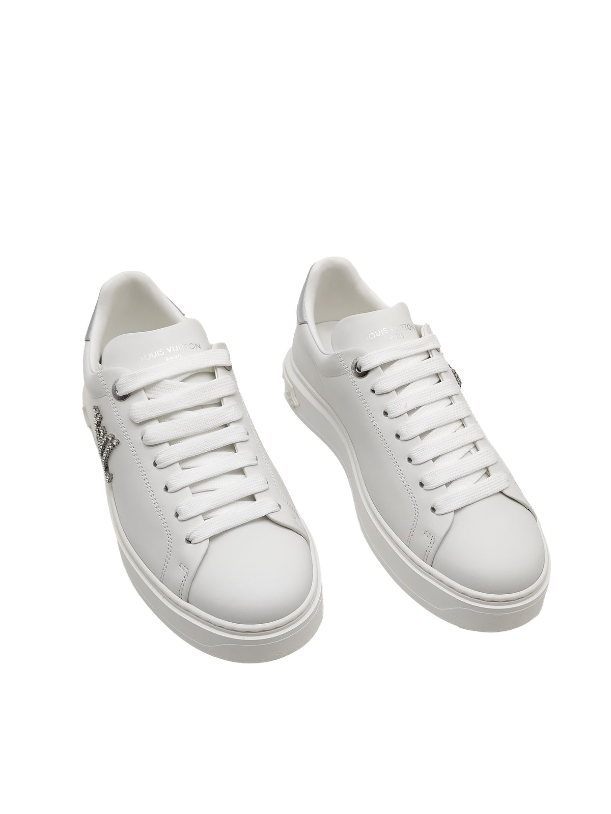 Louis Vuitton Time Out Sneaker in White with Silver Rhinestone Logo Size 38 EU (25.5 cm) | Purse Maison Luxury Bags Shop