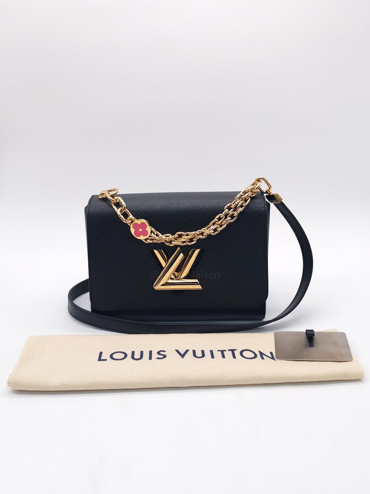 Louis Vuitton Twist Bag MM in Black Epi Leather Monogram Flower Chain and Light Gold Hardware Microchip | Purse Maison Luxury Bags Shop