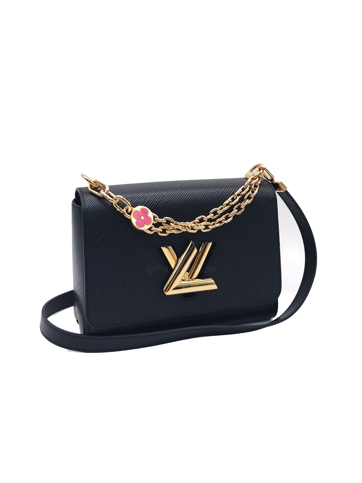 Louis Vuitton Twist Bag MM in Black Epi Leather Monogram Flower Chain and Light Gold Hardware Microchip | Purse Maison Luxury Bags Shop