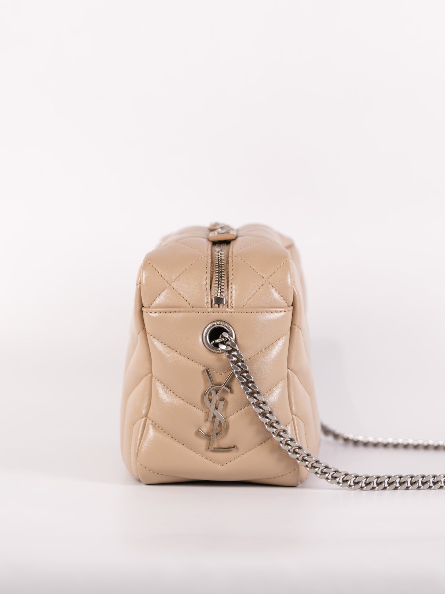 Loulou Bowling Bag in Beige Calfskin Leather & Silver Hardware | Purse Maison Luxury Bags Shop