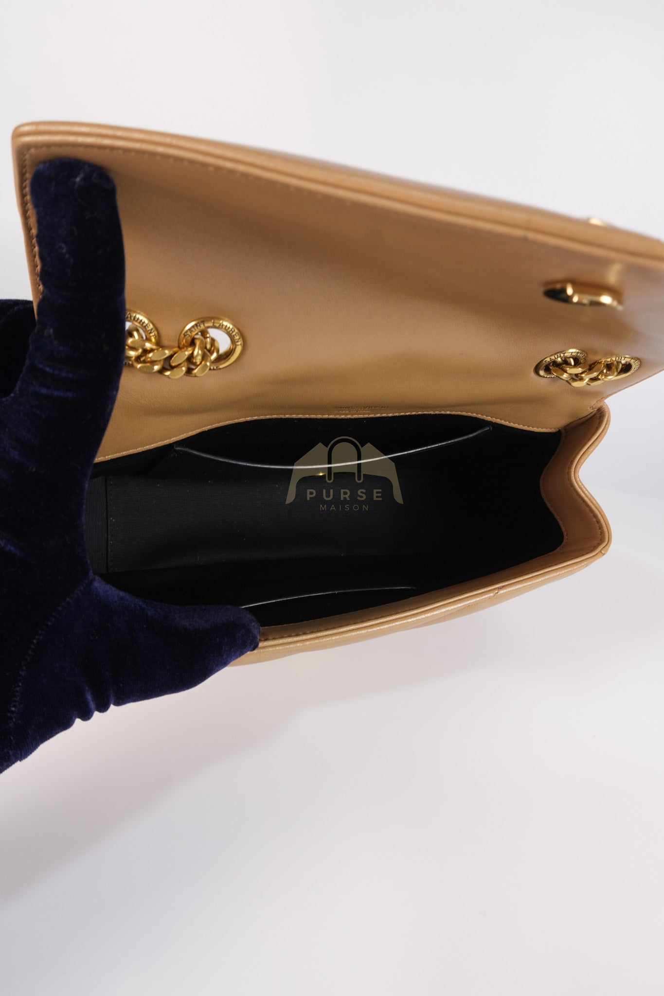 Loulou Shoulder Bag Small in Dark Beige Matelasse Lambskin | Purse Maison Luxury Bags Shop