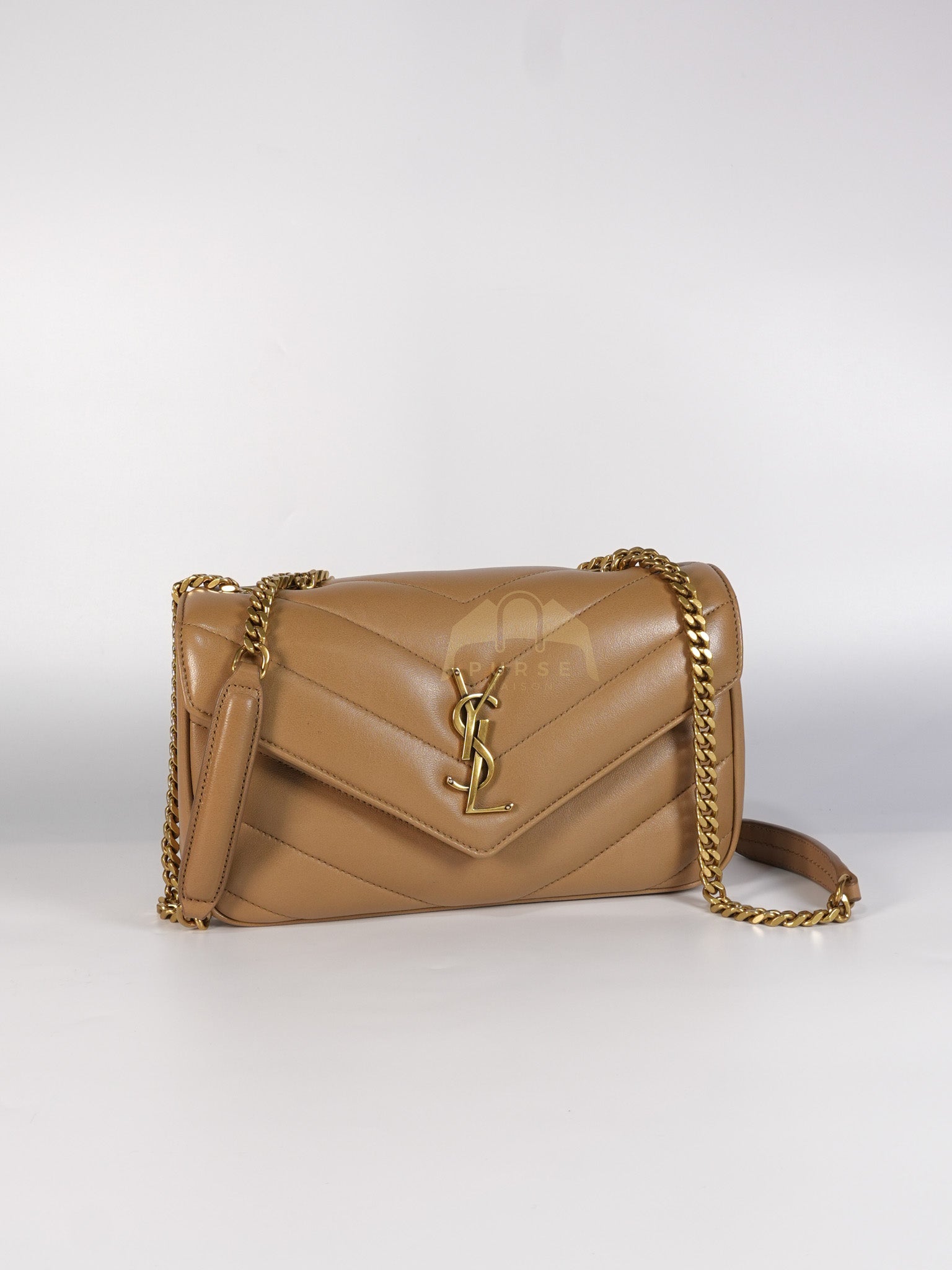 Loulou Shoulder Bag Small in Dark Beige Matelasse Lambskin | Purse Maison Luxury Bags Shop