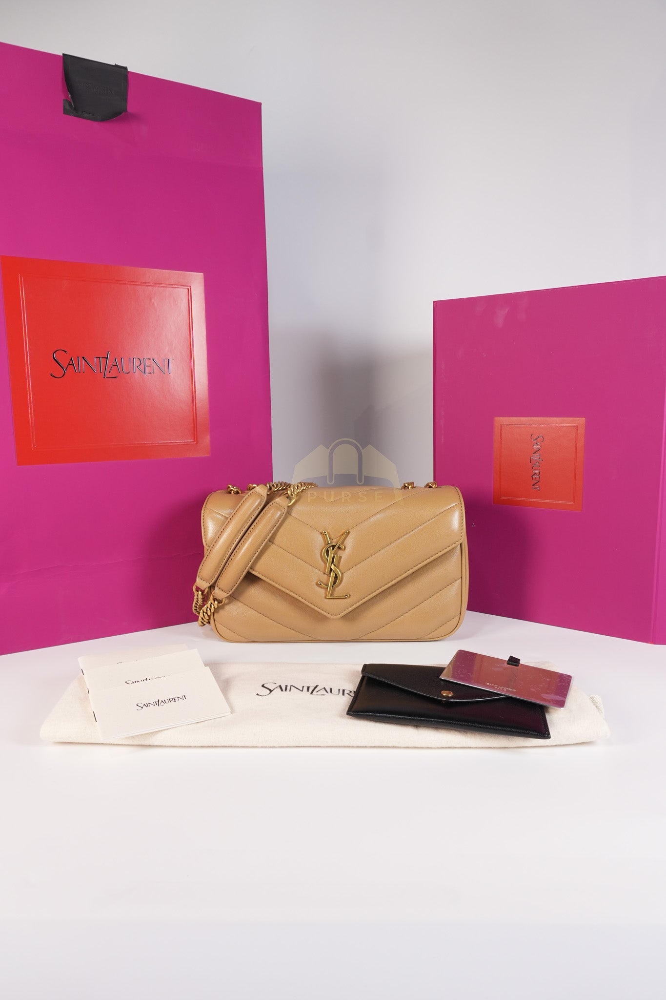 Loulou Shoulder Bag Small in Dark Beige Matelasse Lambskin | Purse Maison Luxury Bags Shop