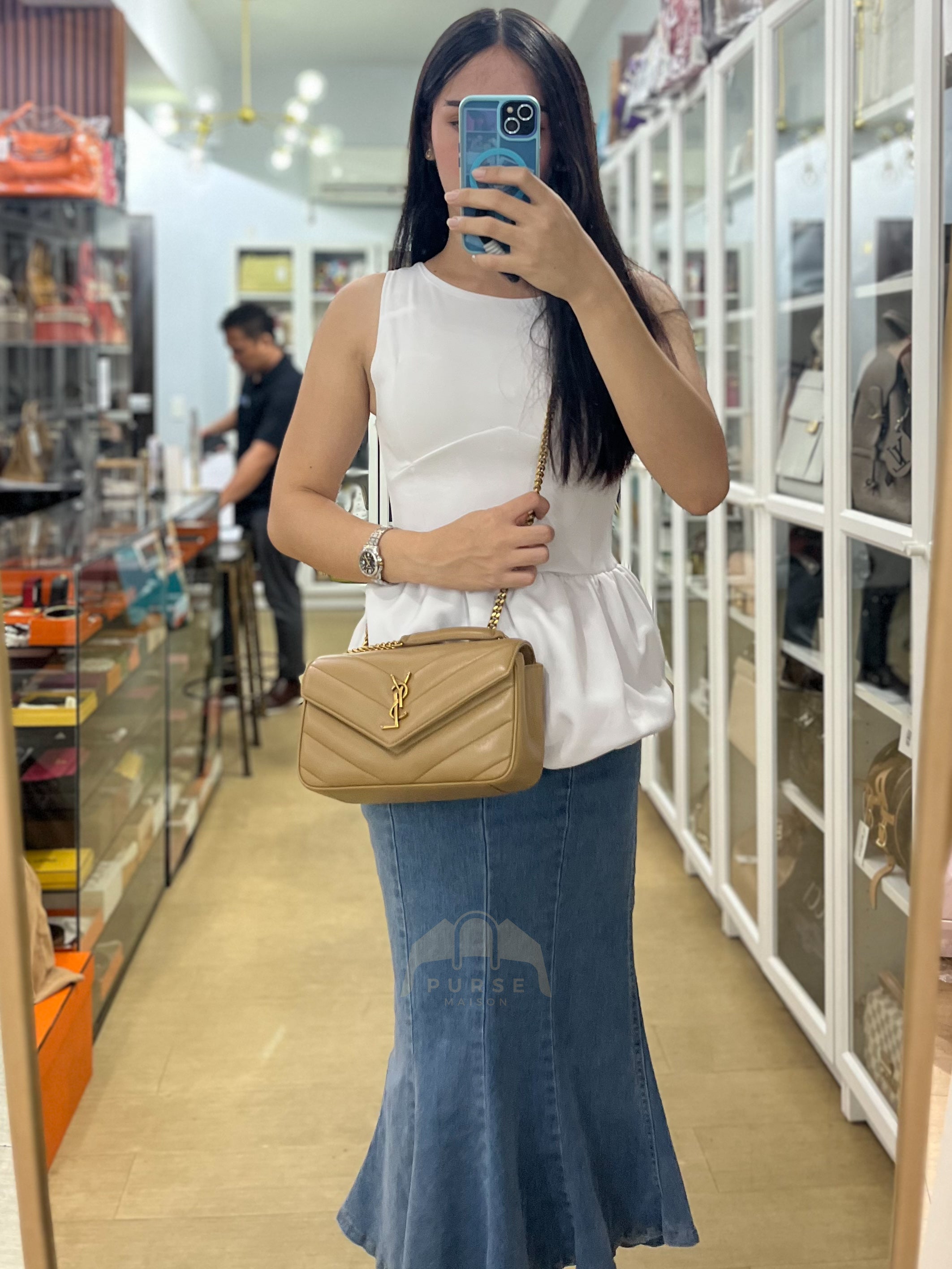 Loulou Shoulder Bag Small in Dark Beige Matelasse Lambskin | Purse Maison Luxury Bags Shop