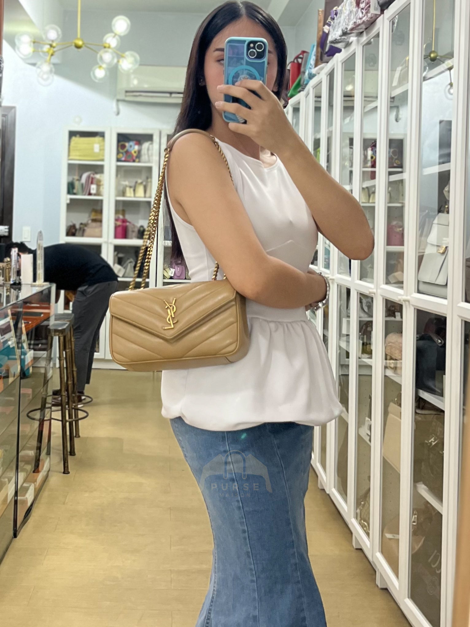 Loulou Shoulder Bag Small in Dark Beige Matelasse Lambskin | Purse Maison Luxury Bags Shop