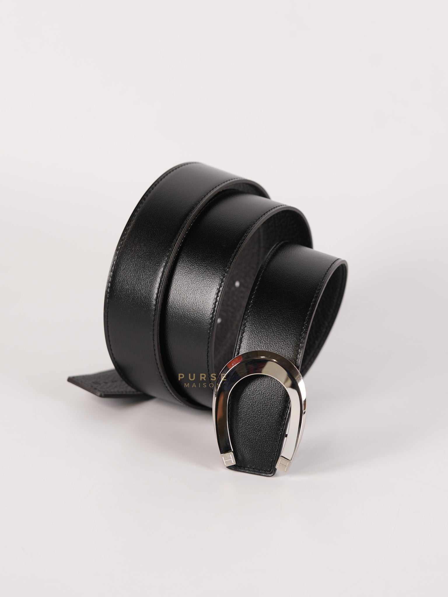 Luck Buckle Noir Reversible Leather Belt in Palladium Hardware 95cm | Purse Maison Luxury Bags Shop