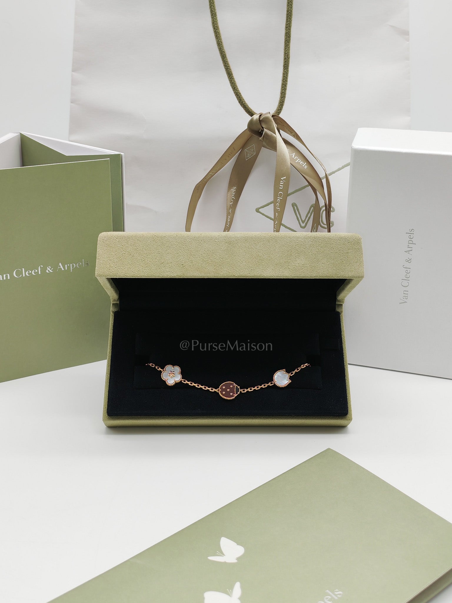 Lucky Spring 5 Motifs Bracelet in Rose Gold White MOP Carnelian Lady Bug Motif and Onyx Year 2024 | Purse Maison Luxury Bags Shop