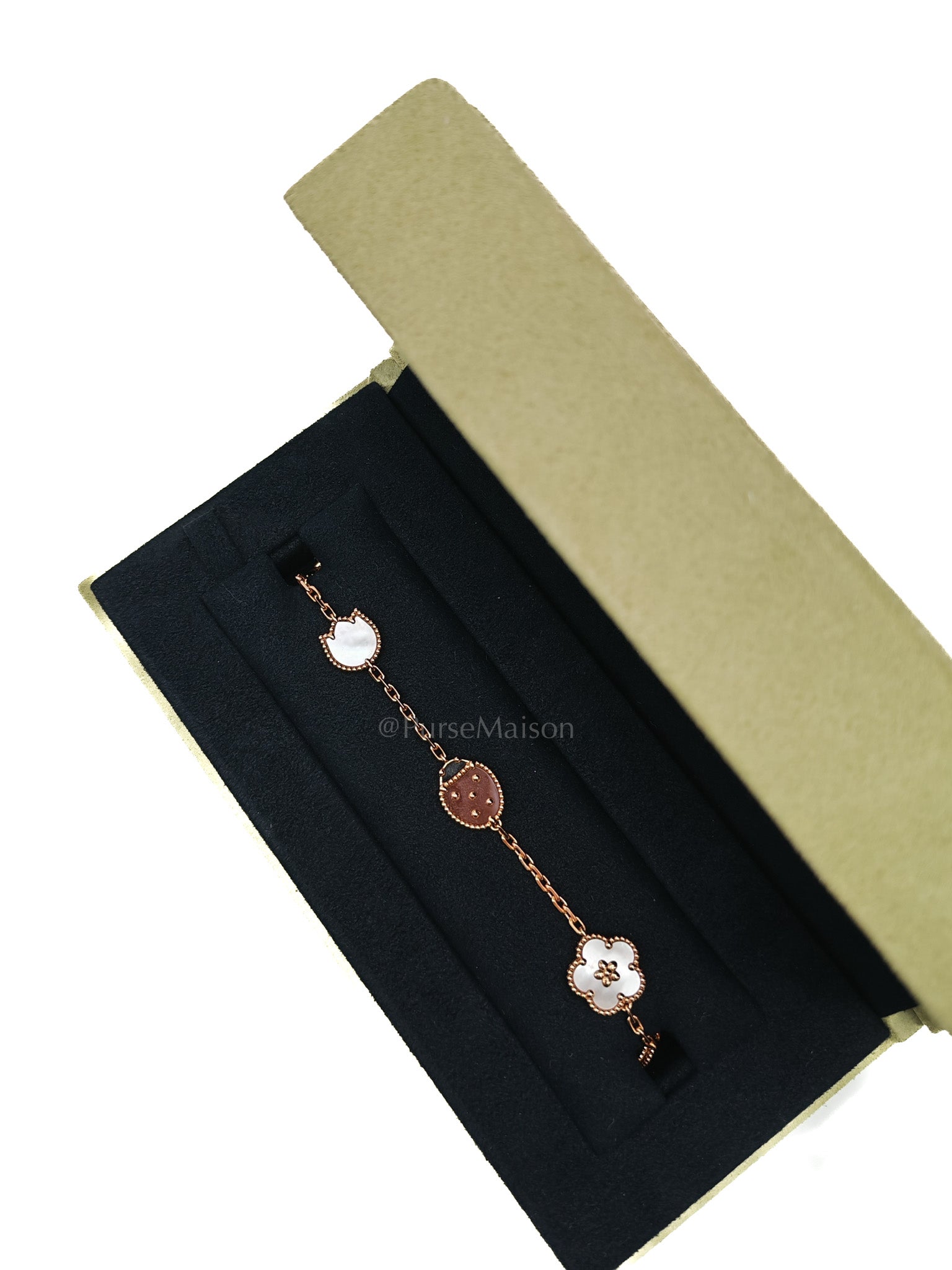 Lucky Spring 5 Motifs Bracelet in Rose Gold White MOP Carnelian Lady Bug Motif and Onyx Year 2024 | Purse Maison Luxury Bags Shop