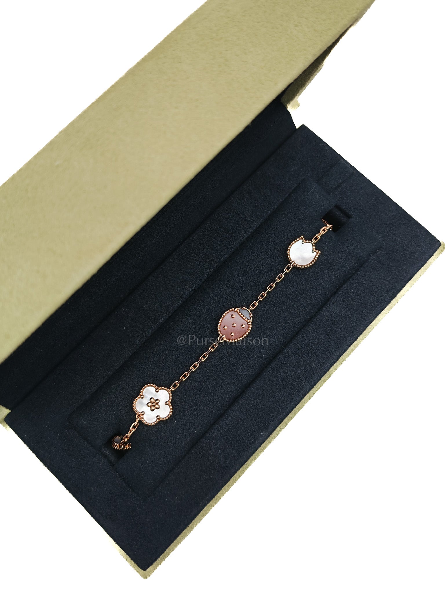 Lucky Spring 5 Motifs Bracelet in Rose Gold White MOP Carnelian Lady Bug Motif and Onyx Year 2024 | Purse Maison Luxury Bags Shop