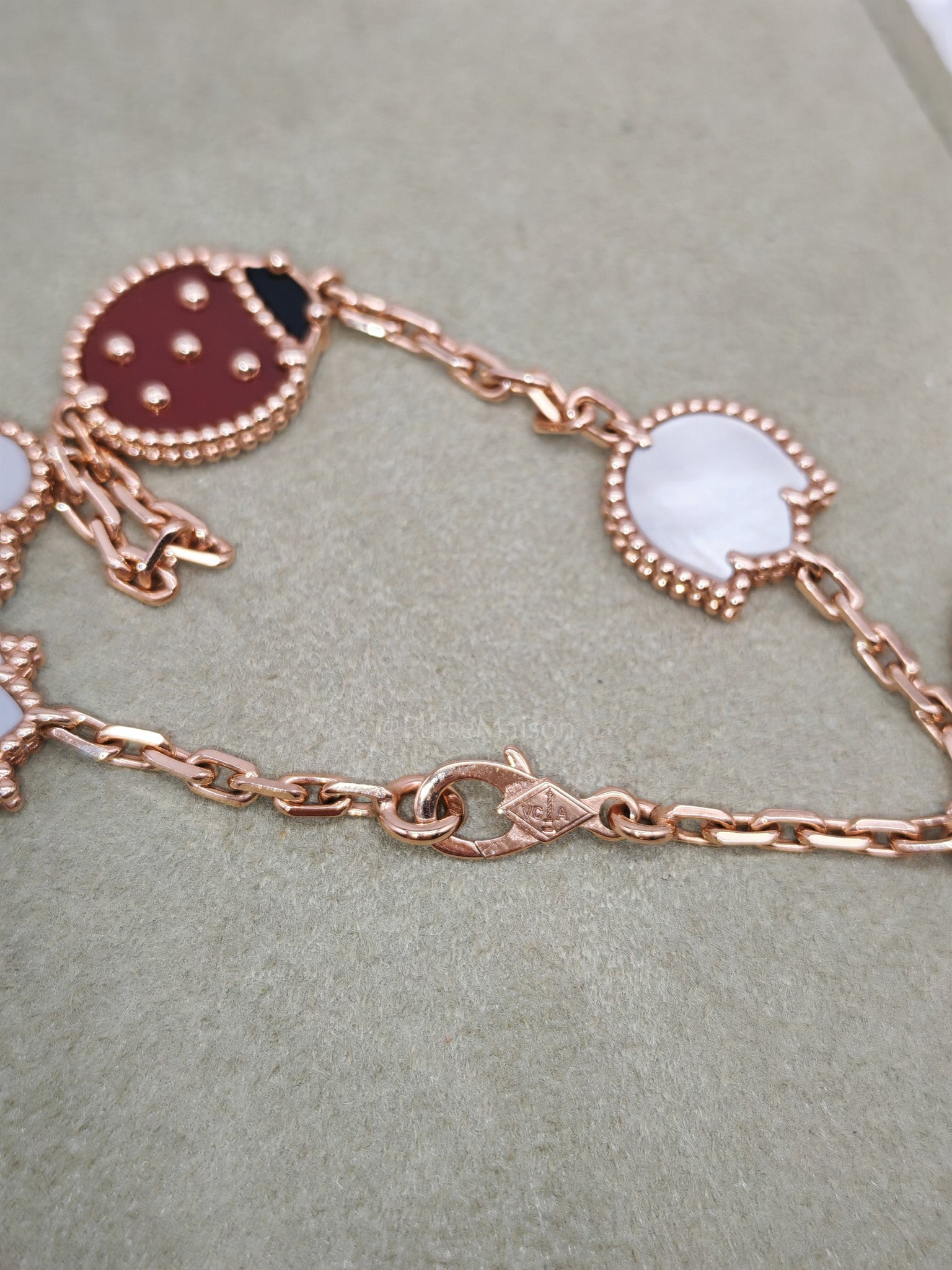 Lucky Spring 5 Motifs Bracelet in Rose Gold White MOP Carnelian Lady Bug Motif and Onyx Year 2024 | Purse Maison Luxury Bags Shop