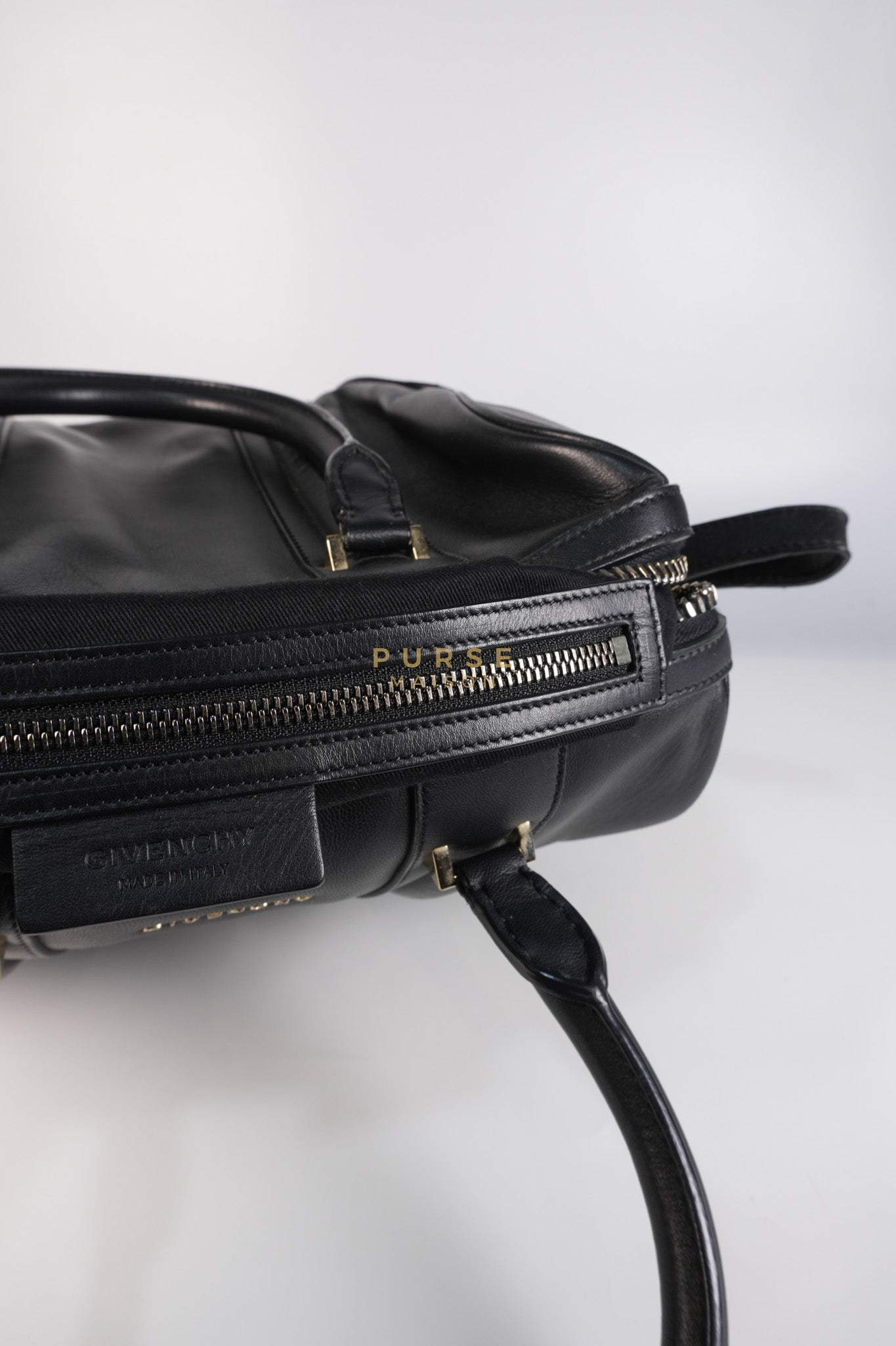 Lucrezia Duffle Bag in Black Smooth Calfskin Leather & Silver Leather | Purse Maison Luxury Bags Shop