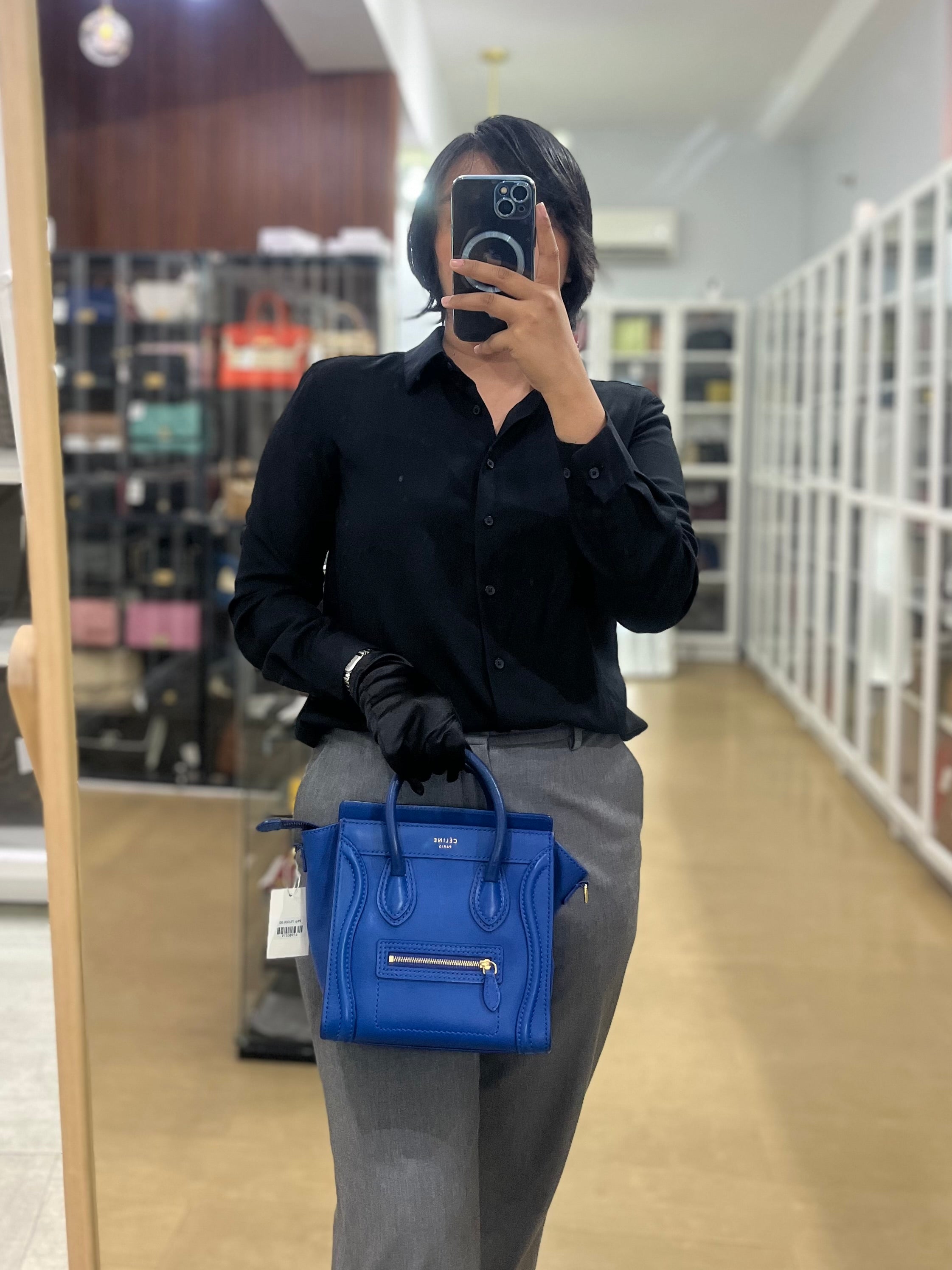 Luggage Nano Shoulder Bag in Blue Grained Leather | Purse Maison Luxury Bags Shop
