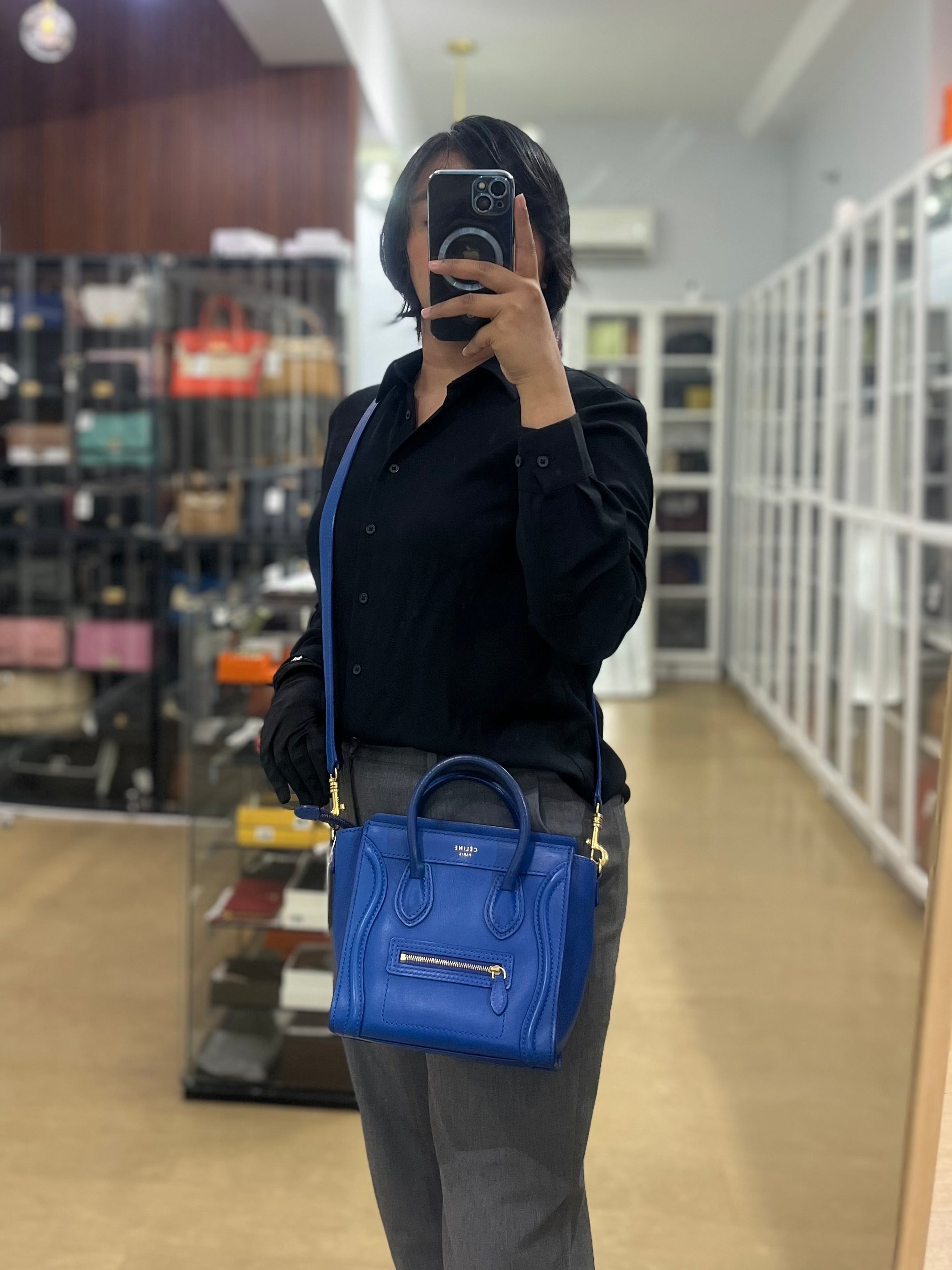 Luggage Nano Shoulder Bag in Blue Grained Leather | Purse Maison Luxury Bags Shop