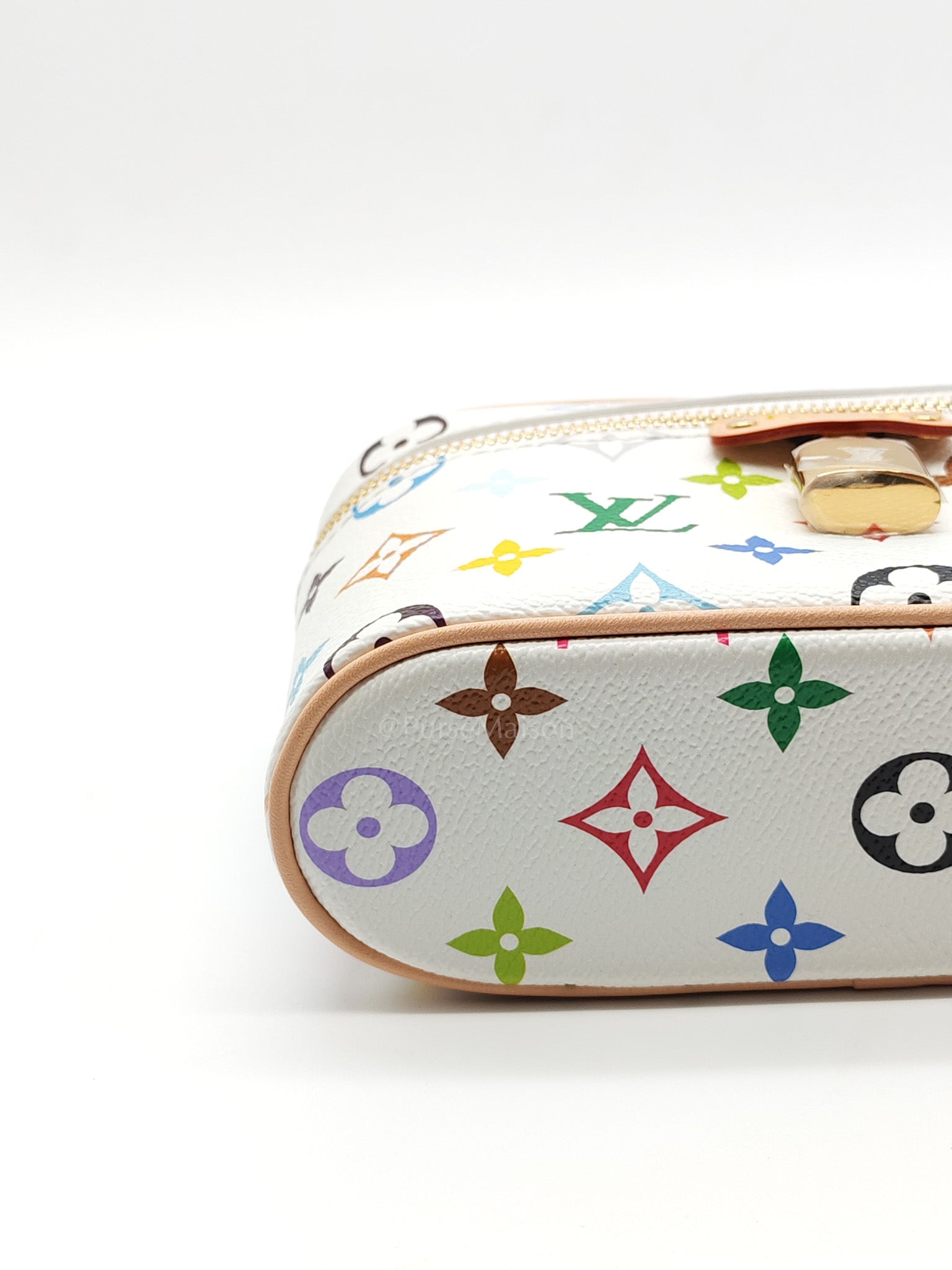 LV x Takashi Murakami Vanity Case in White Monogram Multicolor Canvas & Gold Hardware Microchip | Purse Maison Luxury Bags Shop