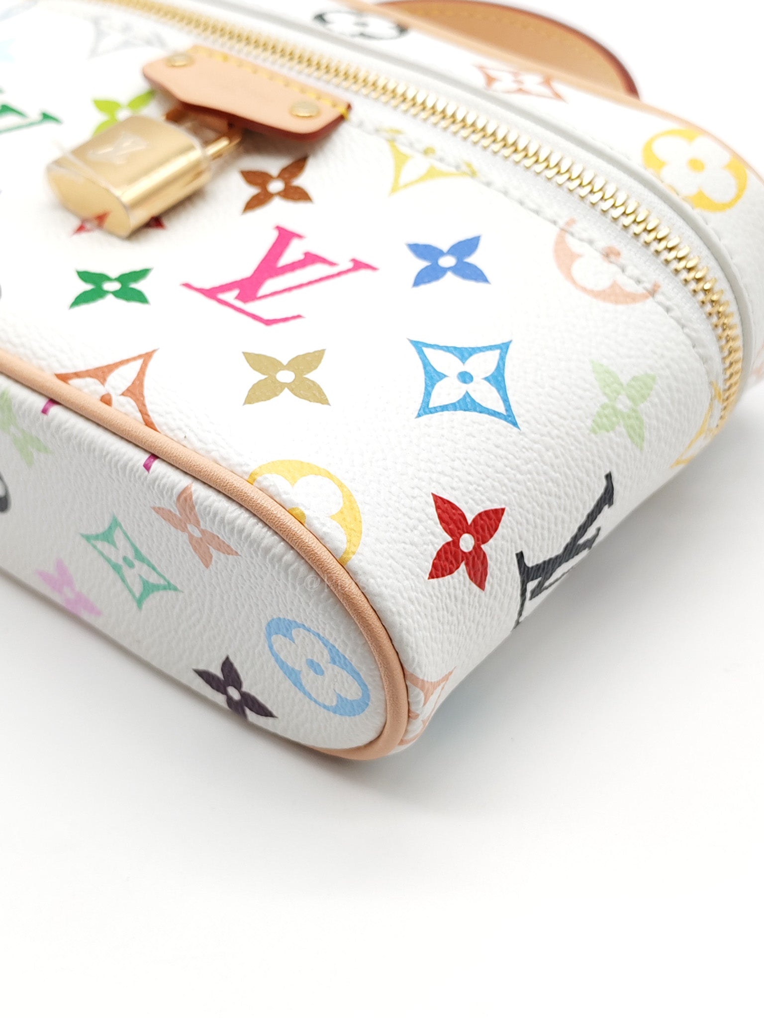 LV x Takashi Murakami Vanity Case in White Monogram Multicolor Canvas & Gold Hardware Microchip | Purse Maison Luxury Bags Shop