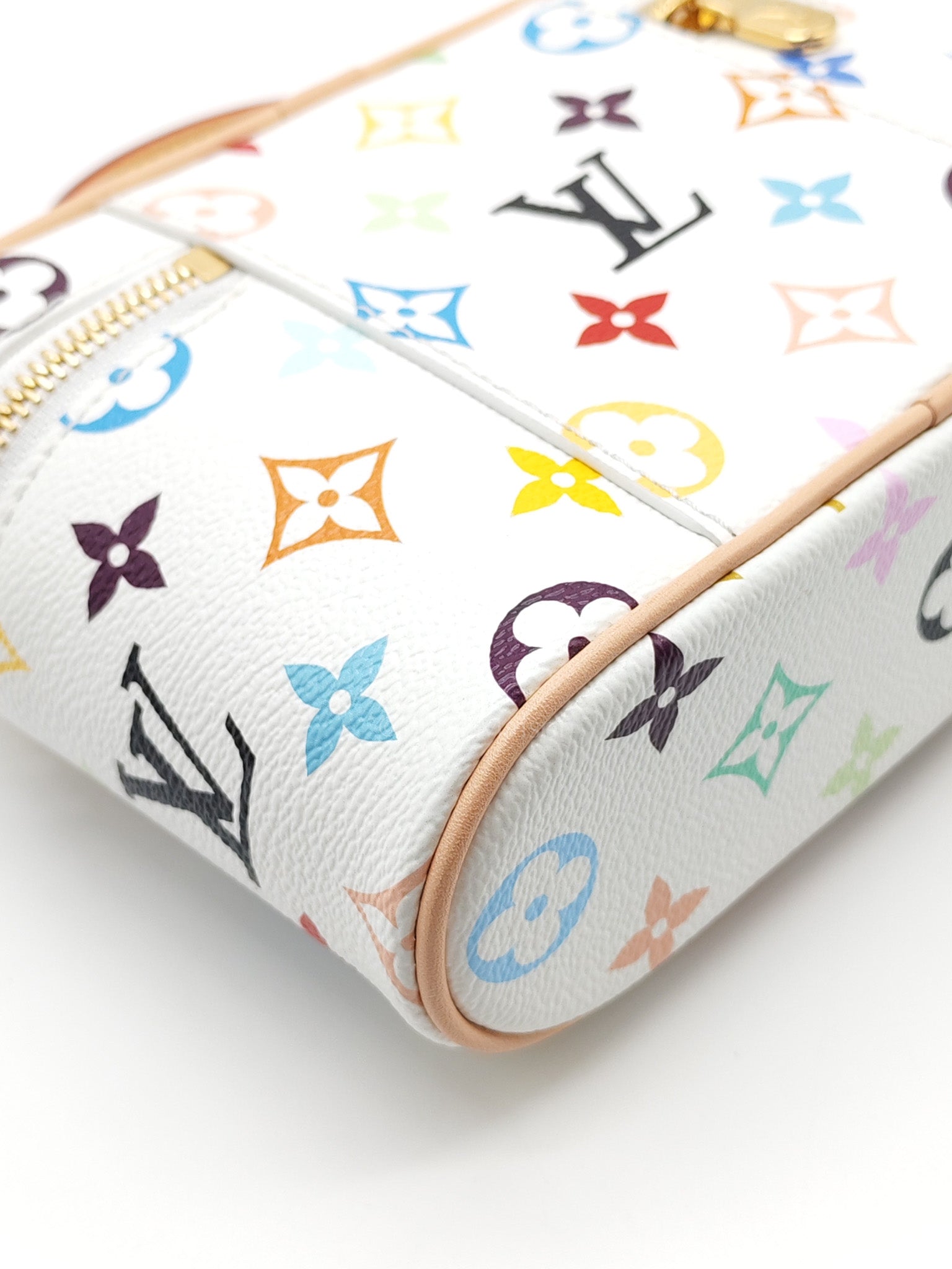 LV x Takashi Murakami Vanity Case in White Monogram Multicolor Canvas & Gold Hardware Microchip | Purse Maison Luxury Bags Shop