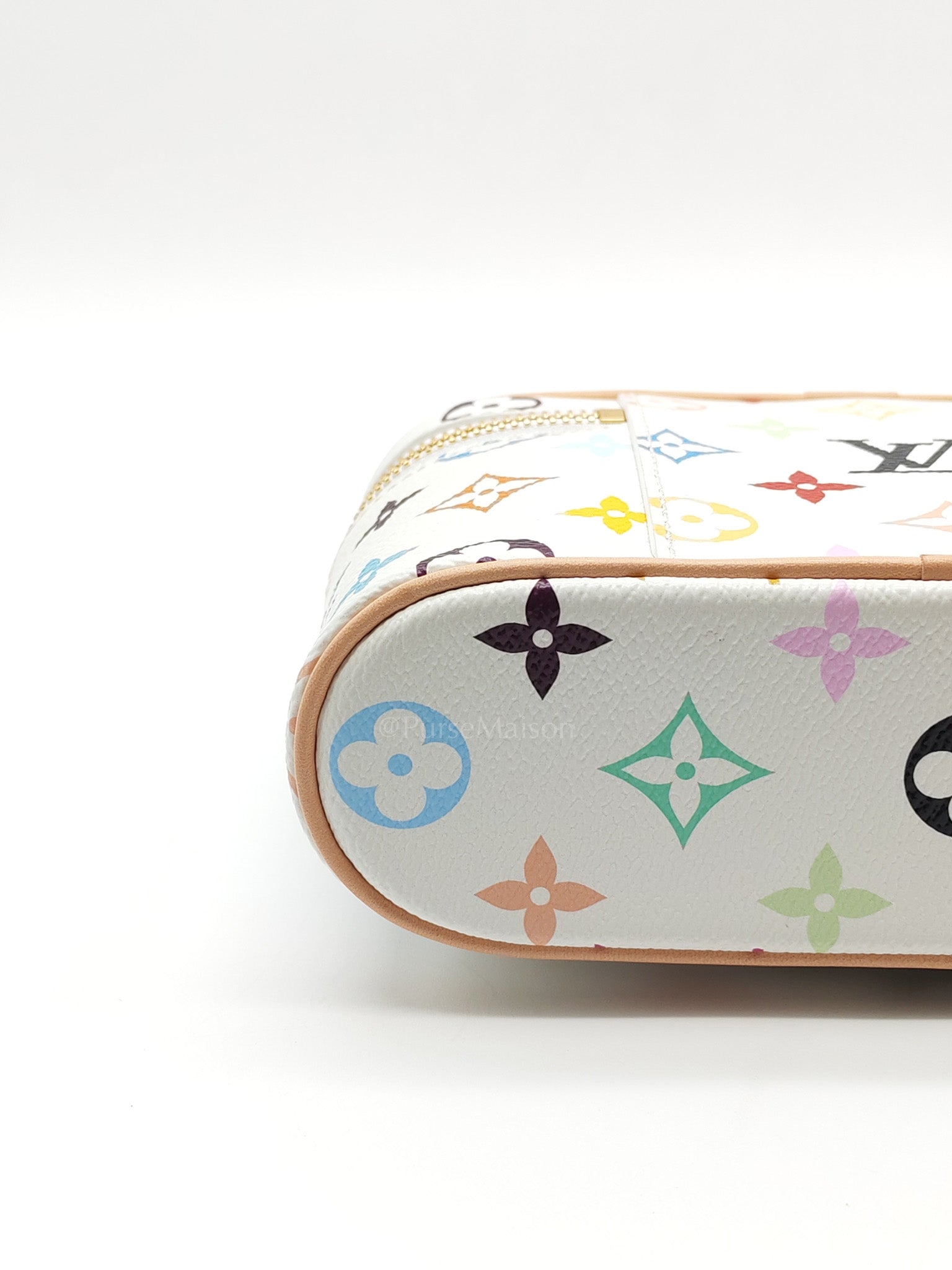 LV x Takashi Murakami Vanity Case in White Monogram Multicolor Canvas & Gold Hardware Microchip | Purse Maison Luxury Bags Shop