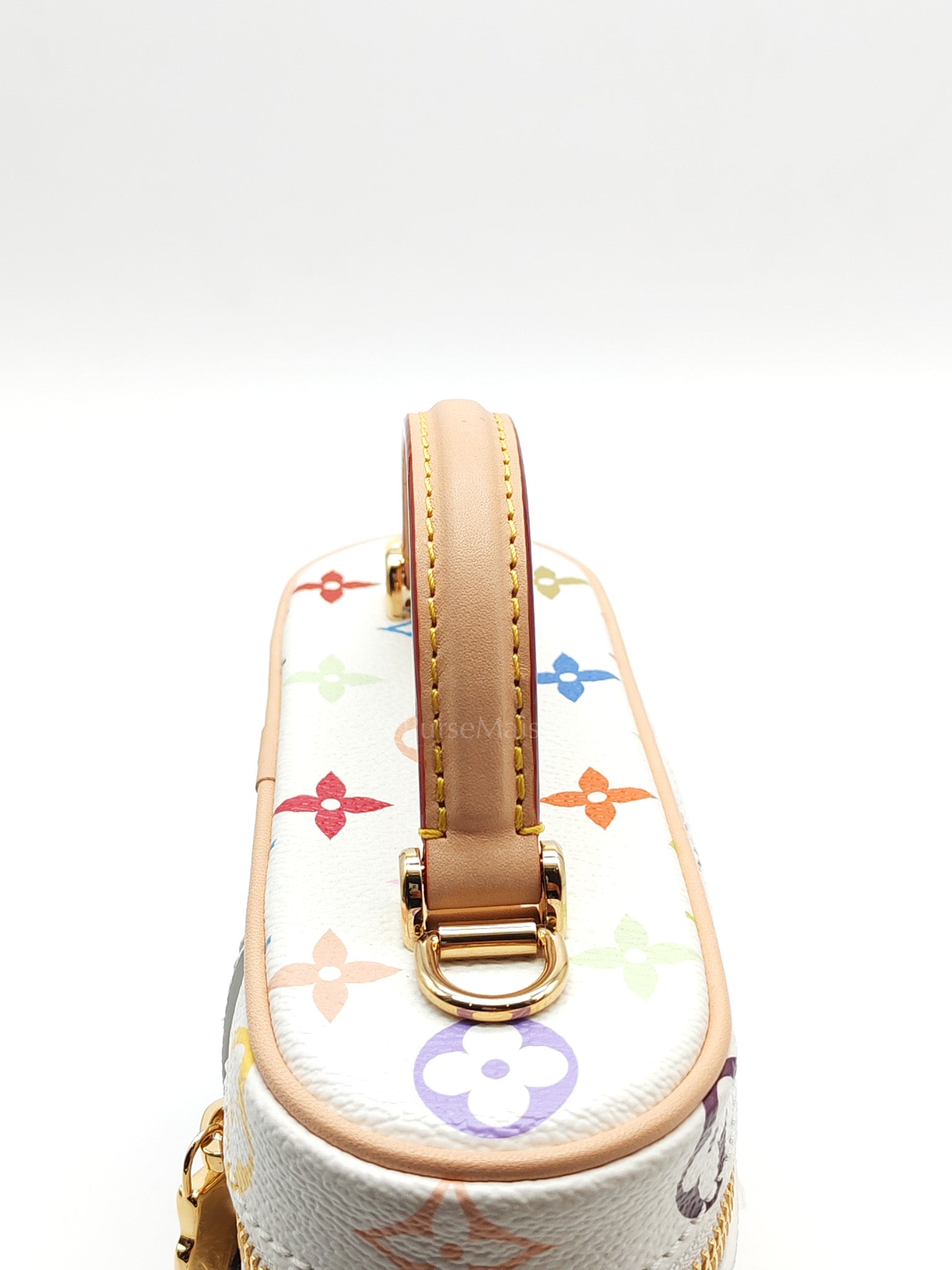 LV x Takashi Murakami Vanity Case in White Monogram Multicolor Canvas & Gold Hardware Microchip | Purse Maison Luxury Bags Shop