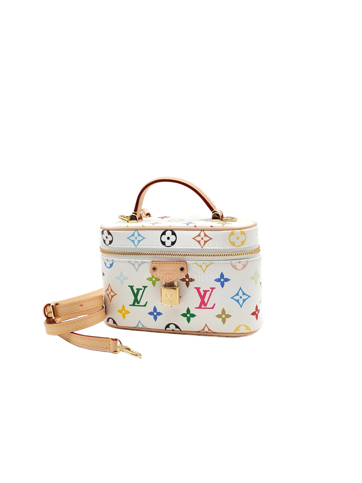 LV x Takashi Murakami Vanity Case in White Monogram Multicolor Canvas & Gold Hardware Microchip | Purse Maison Luxury Bags Shop