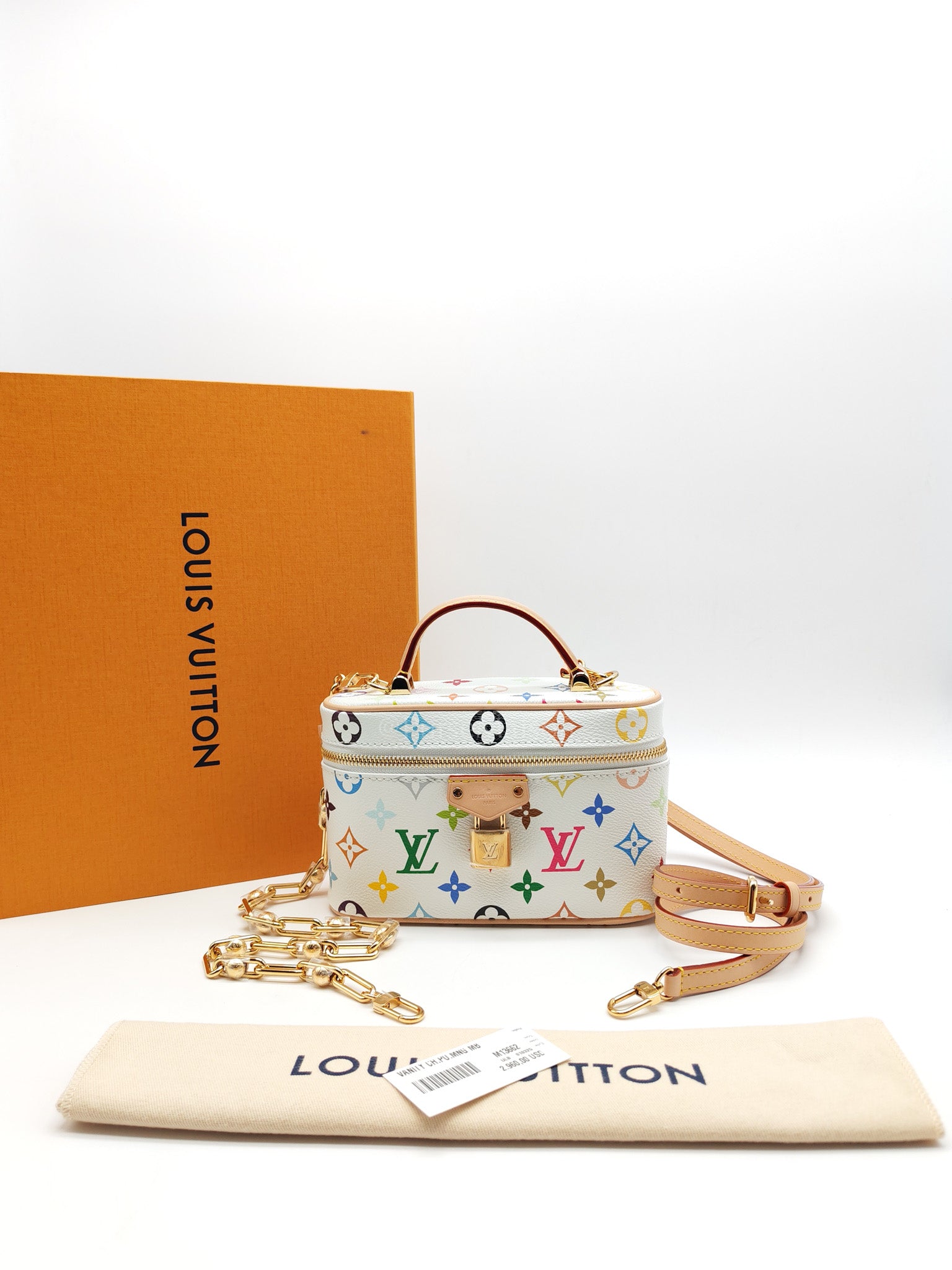 LV x Takashi Murakami Vanity Case in White Monogram Multicolor Canvas & Gold Hardware Microchip | Purse Maison Luxury Bags Shop