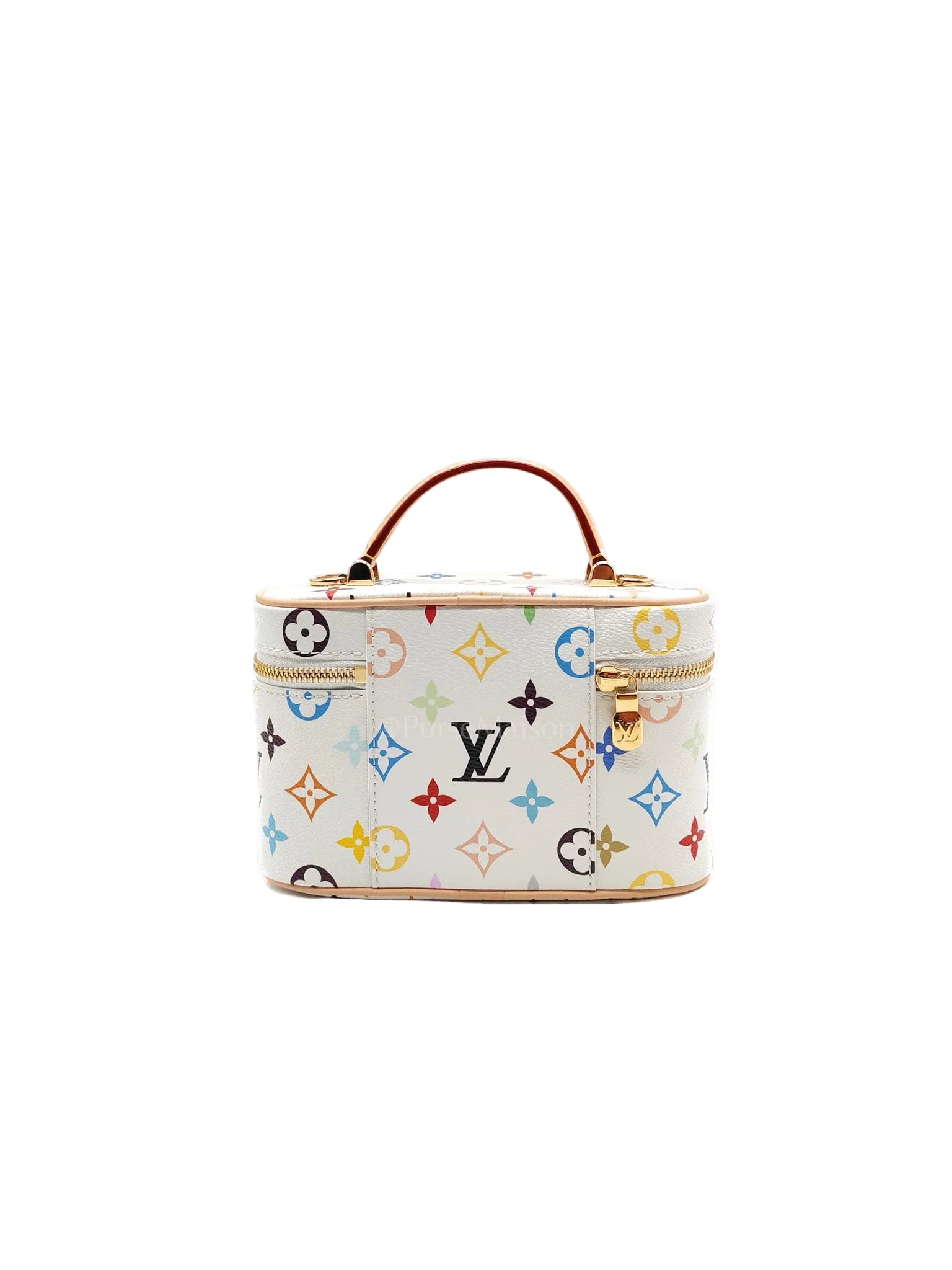 LV x Takashi Murakami Vanity Case in White Monogram Multicolor Canvas & Gold Hardware Microchip | Purse Maison Luxury Bags Shop