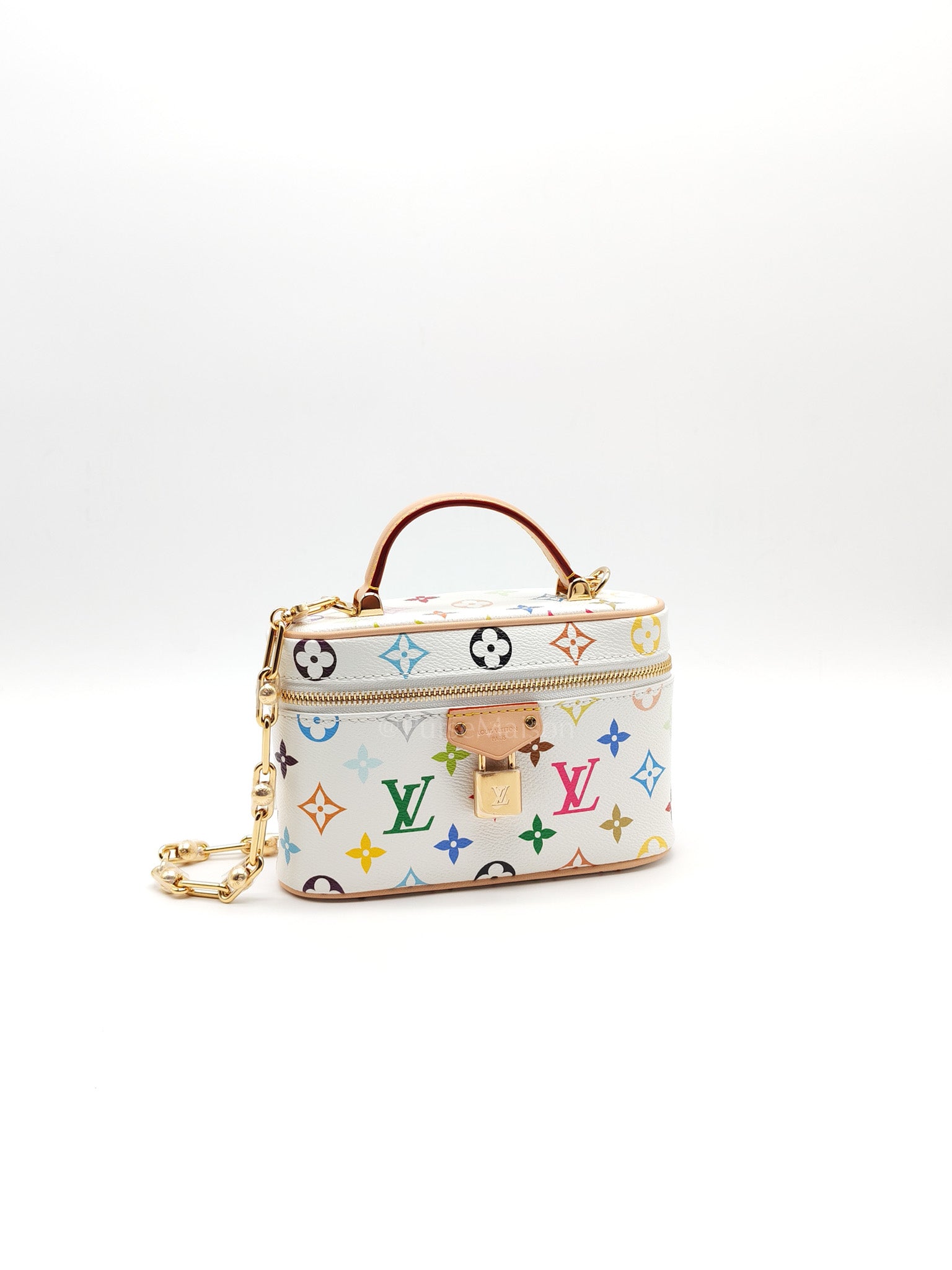 LV x Takashi Murakami Vanity Case in White Monogram Multicolor Canvas & Gold Hardware Microchip | Purse Maison Luxury Bags Shop
