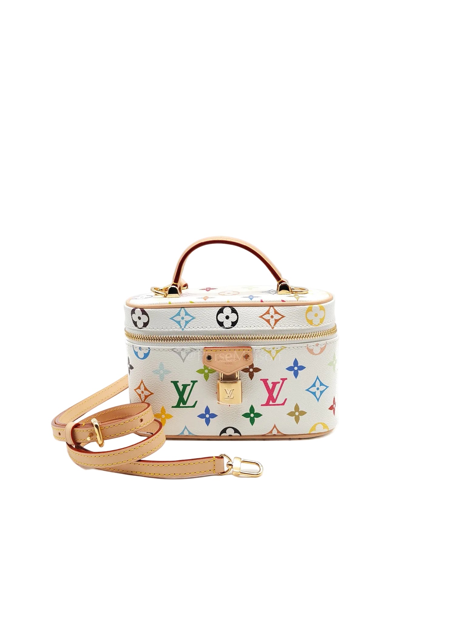 LV x Takashi Murakami Vanity Case in White Monogram Multicolor Canvas & Gold Hardware Microchip | Purse Maison Luxury Bags Shop