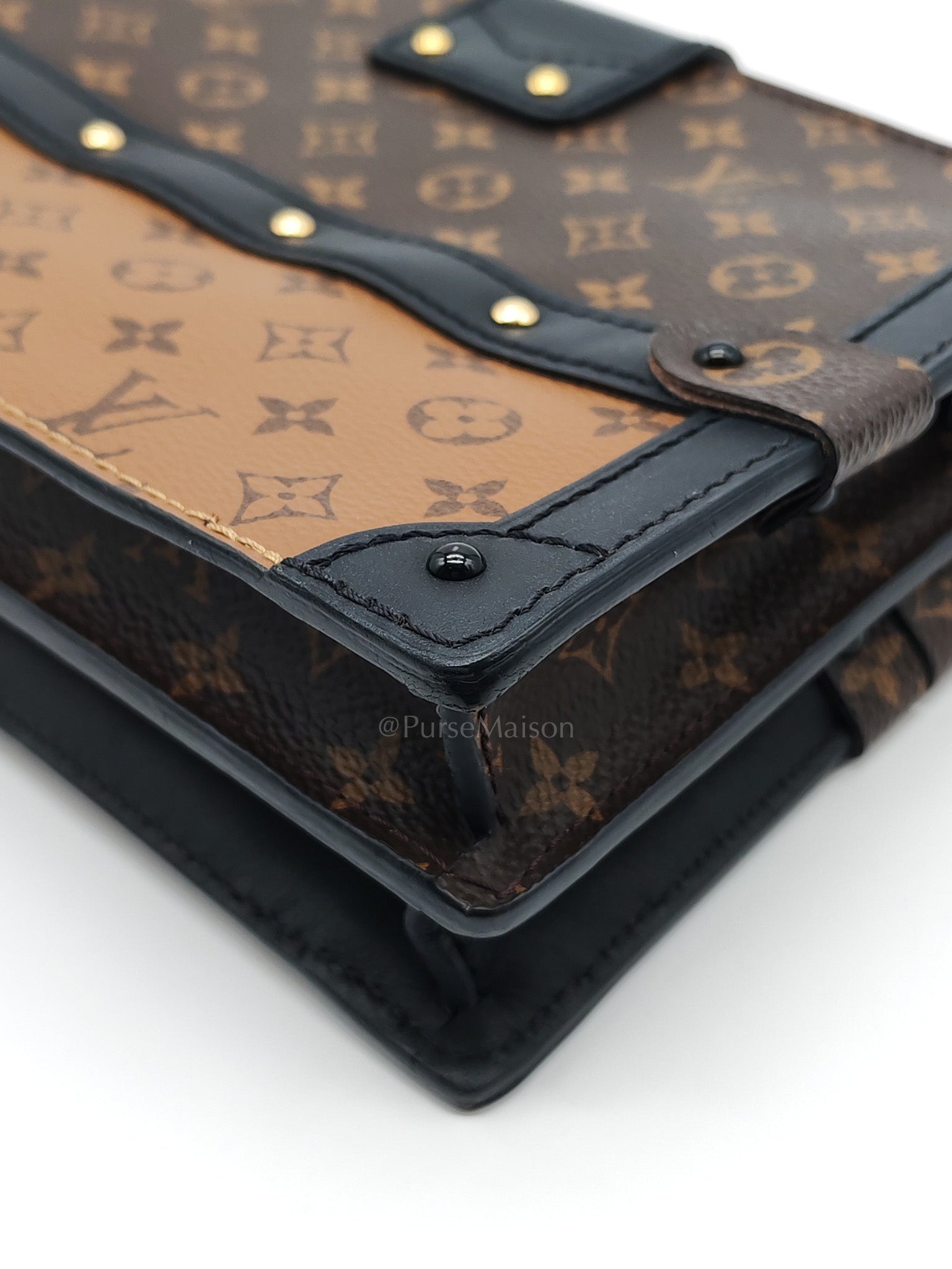 Trunk Clutch in Reverse Monogram & Gold Hardware Microchip