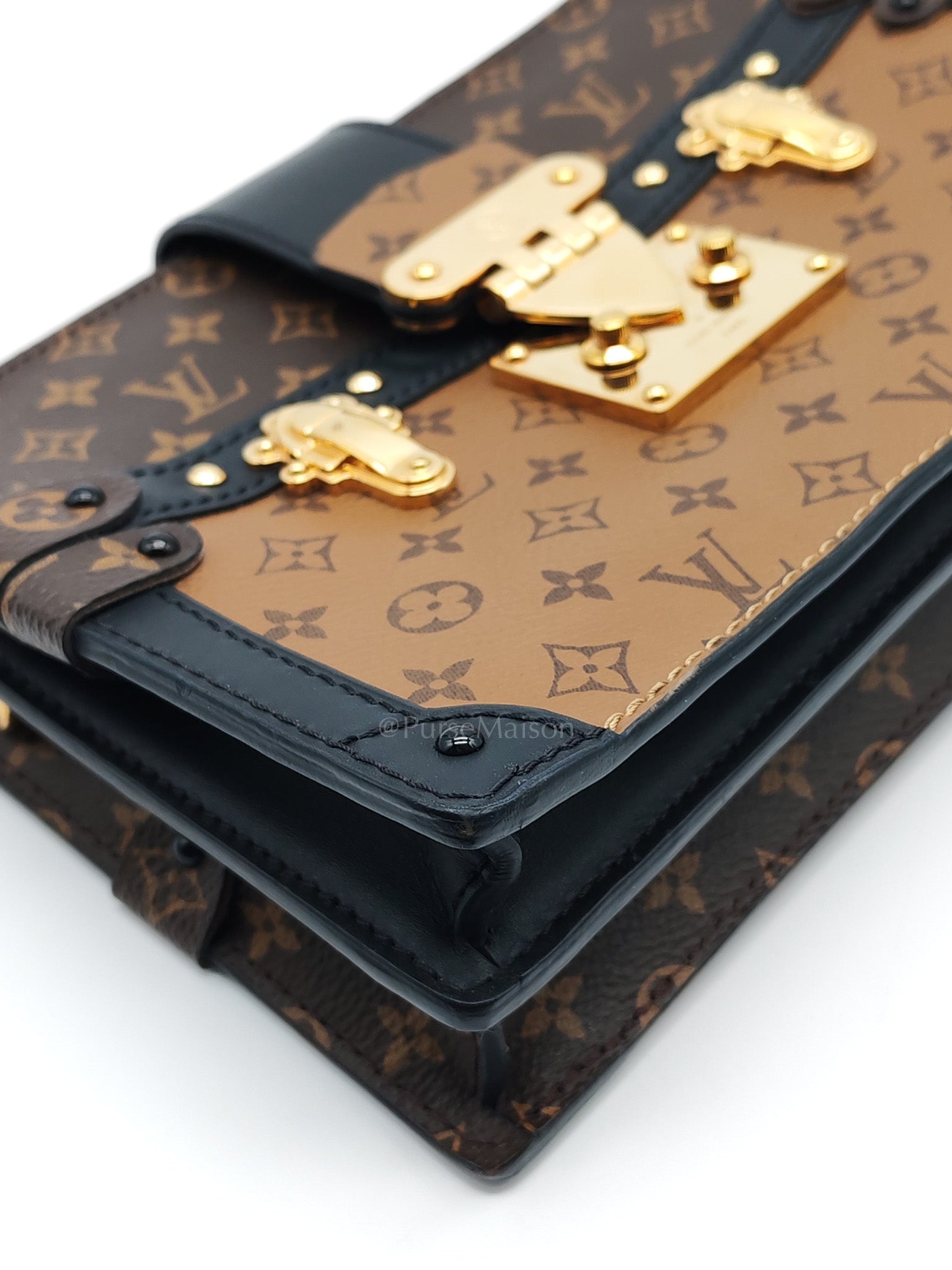 Trunk Clutch in Reverse Monogram & Gold Hardware Microchip