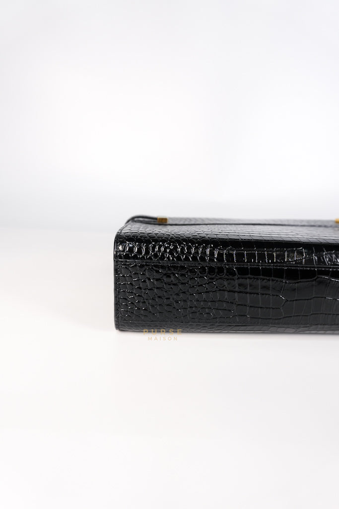 Manhattan Medium in Black Crocodile Embossed Sling Bag | Purse Maison Luxury Bags Shop