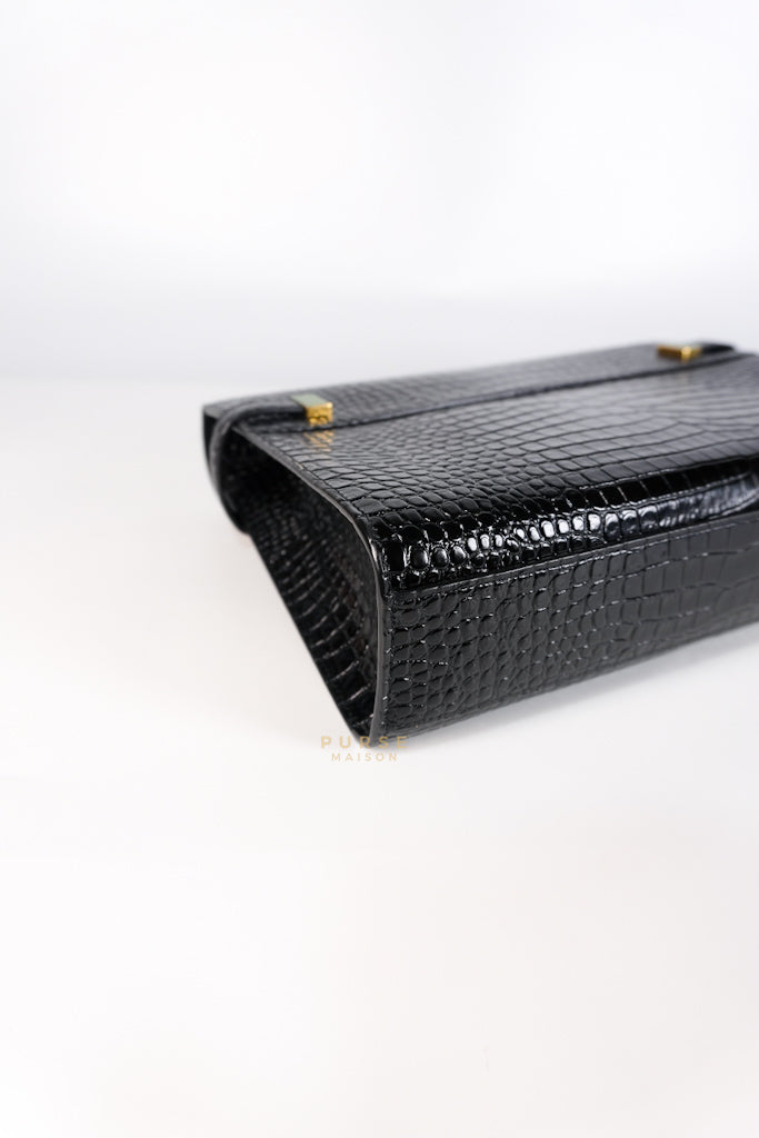 Manhattan Medium in Black Crocodile Embossed Sling Bag | Purse Maison Luxury Bags Shop