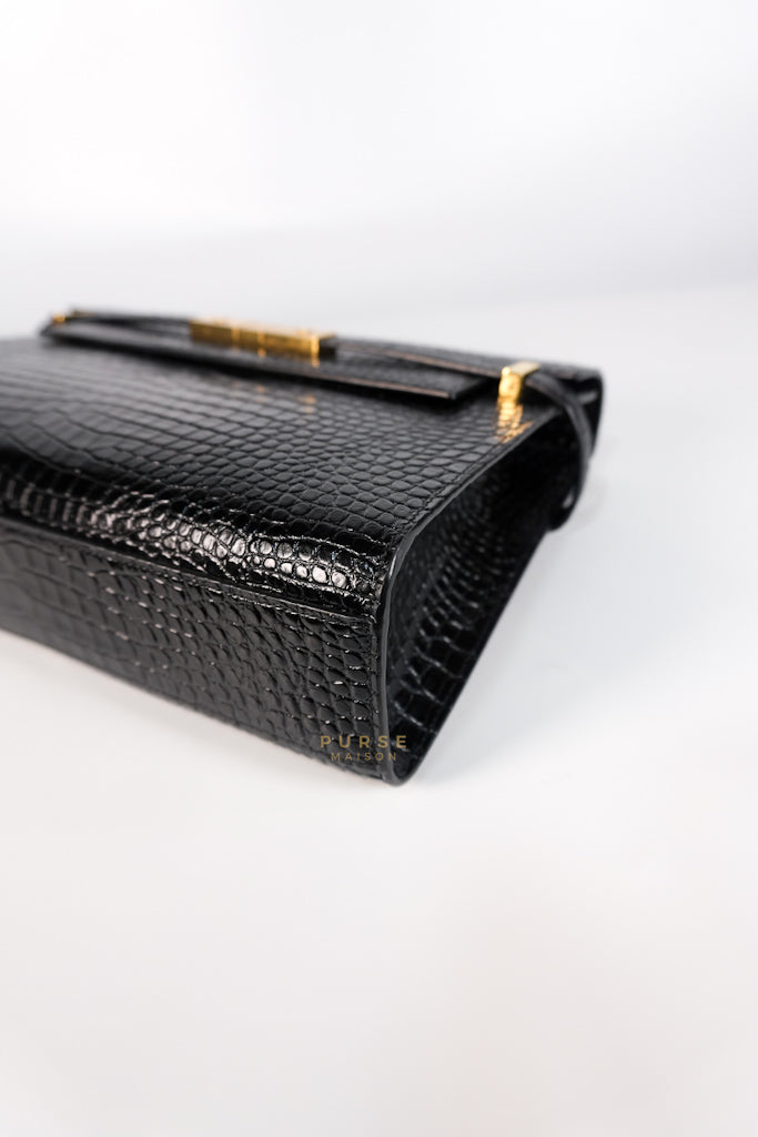 Manhattan Medium in Black Crocodile Embossed Sling Bag | Purse Maison Luxury Bags Shop